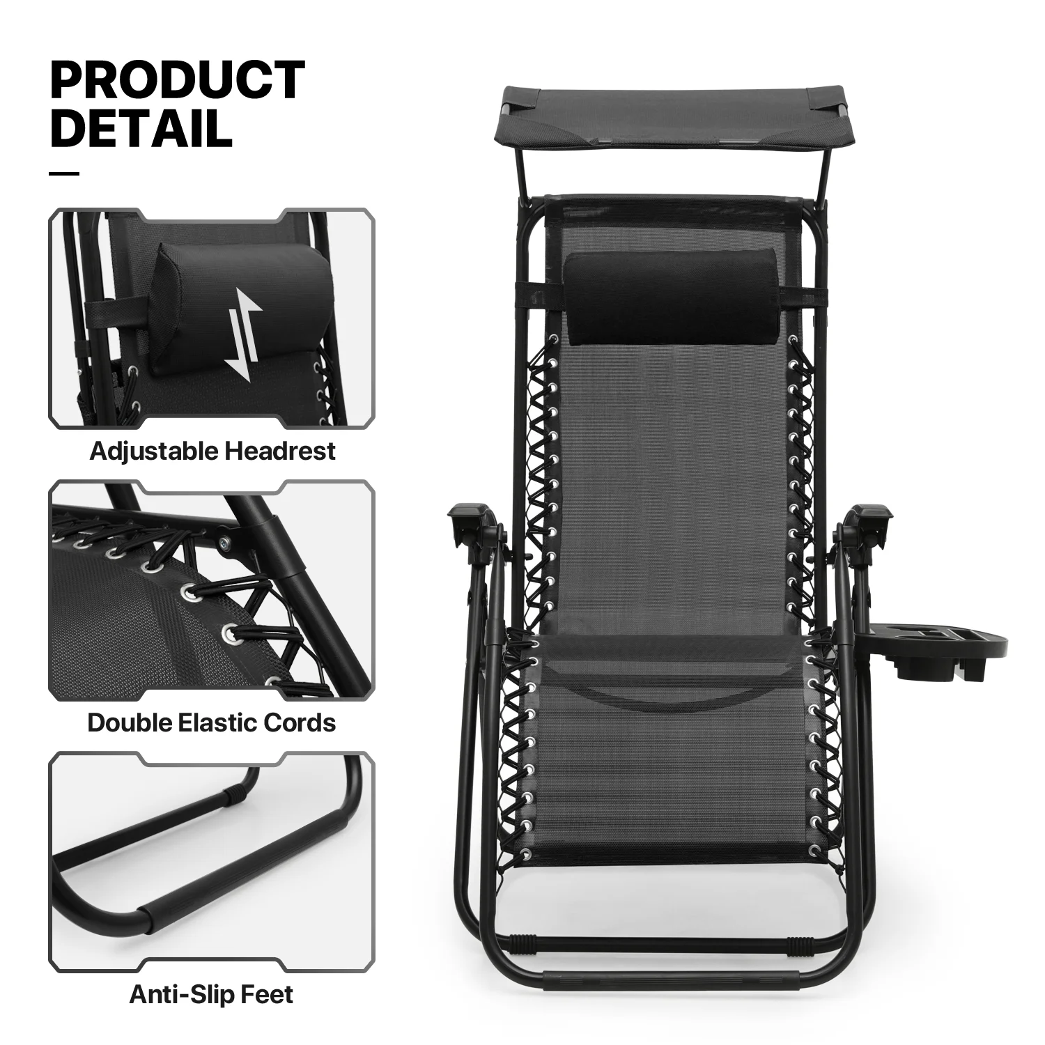 Zero Gravity Chairs Set of 2, Folding Outdoor Patio Beach Recliner with Canopy Shade Headrest, Black(Black) - Image 4