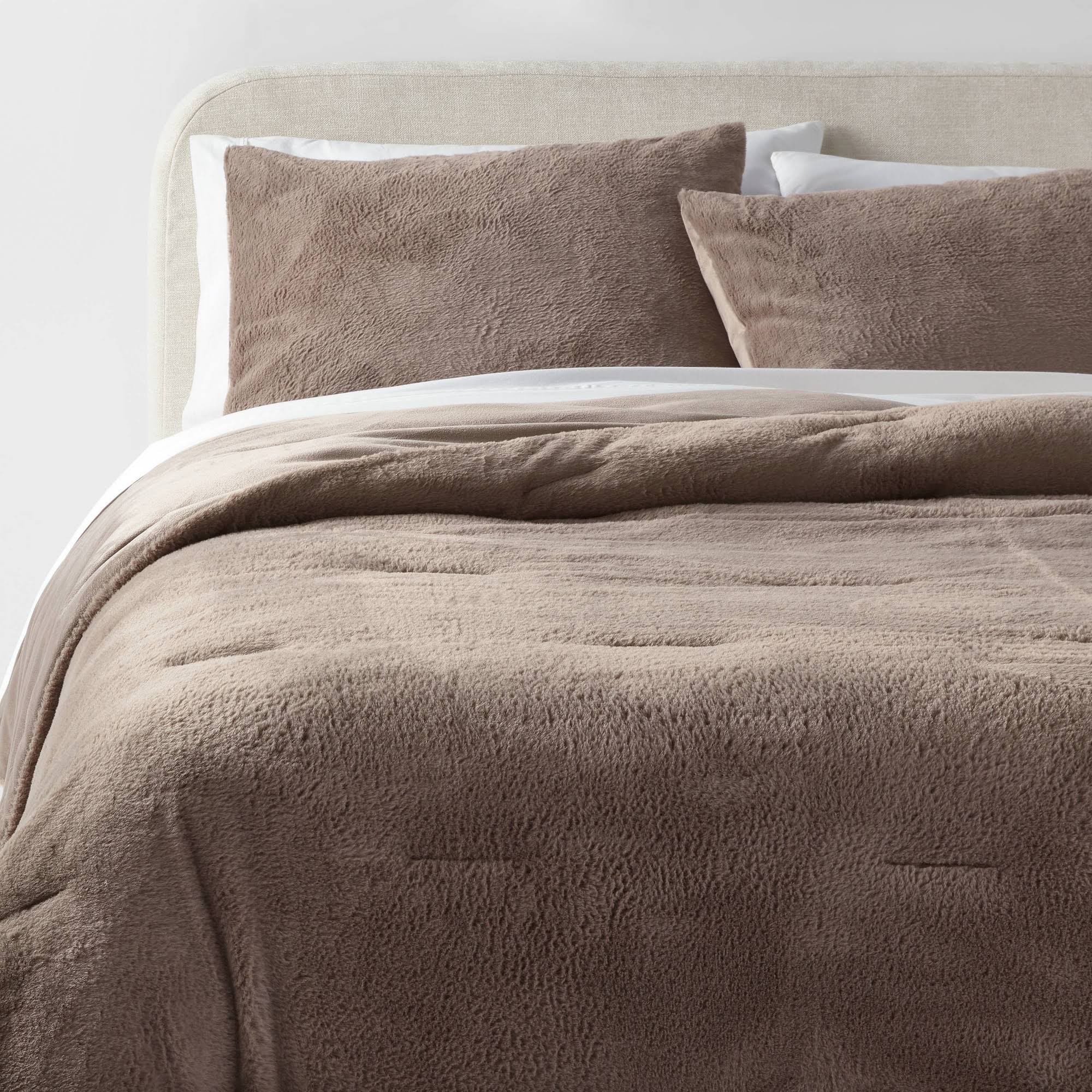 3PC Full/Queen Luxe Faux Fur Comforter and Sham Set Brown - Threshold