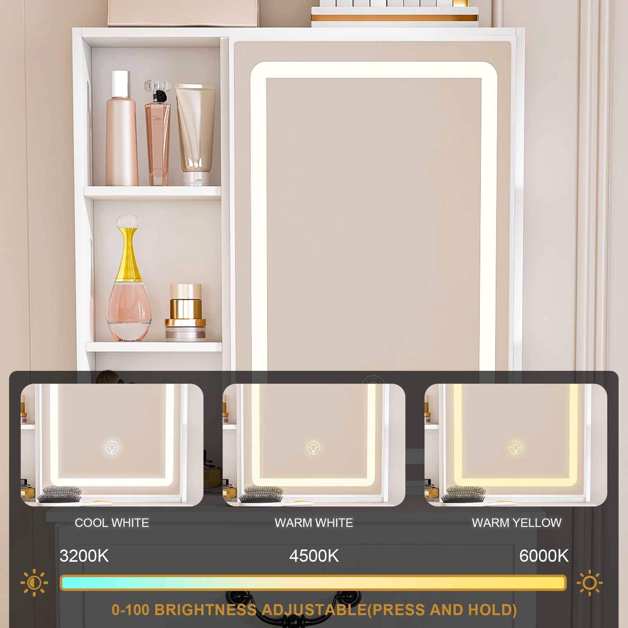 Modern Mini Vanity w/Adjustable LED Mirror + Hidden Storage, Padded Stool Dustproof Shelves (White)(White-S7) - Image 8