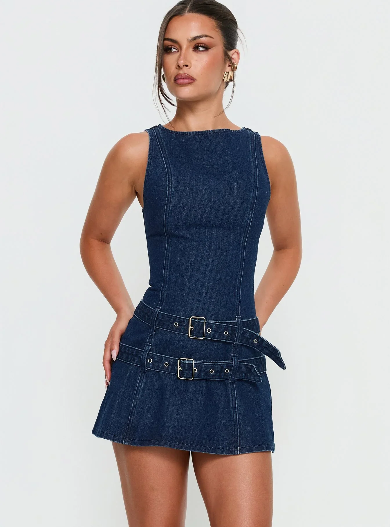 Kainer Denim Buckle Mini Dress Dark Blue Wash