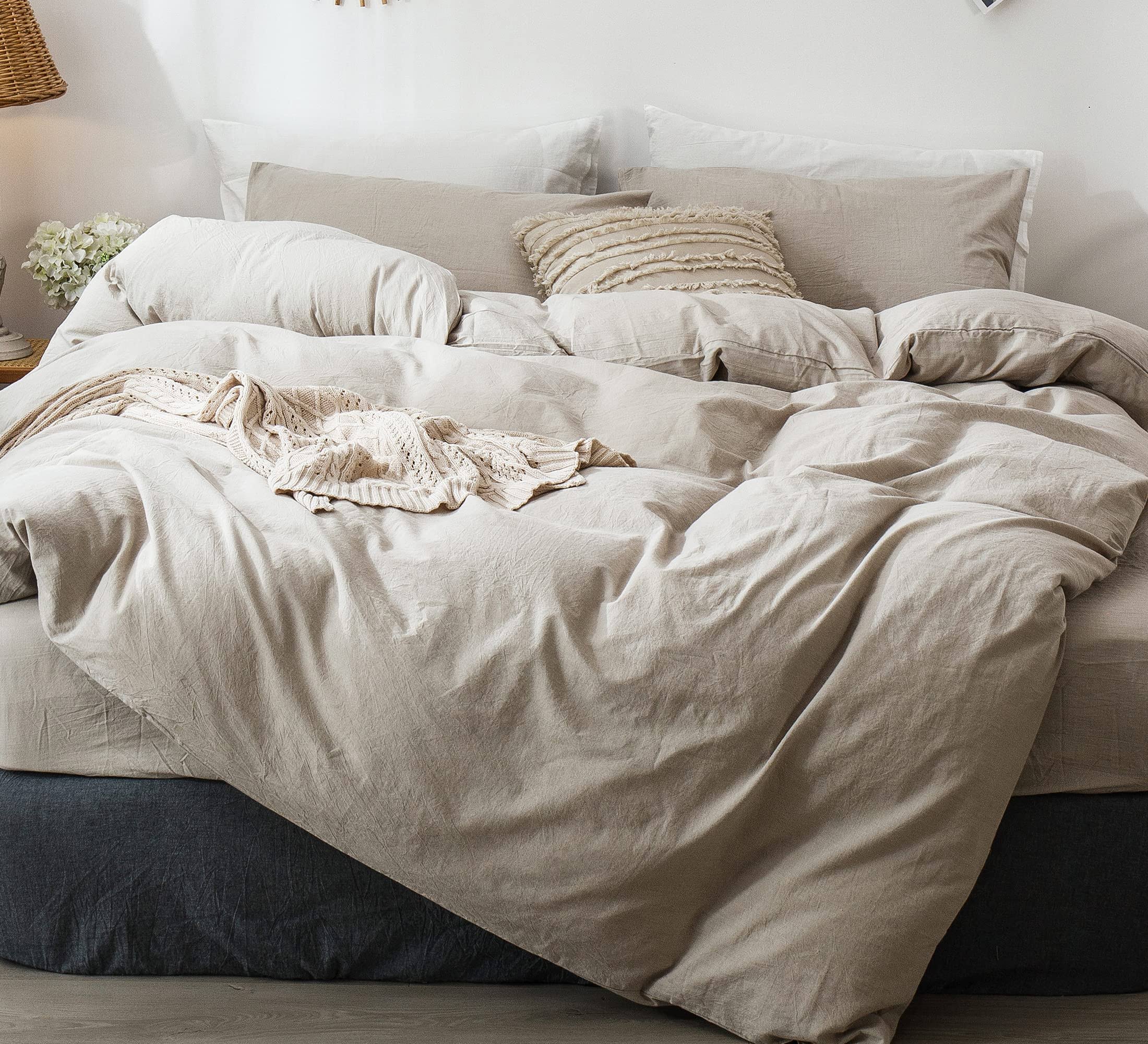 MooMee Bedding Duvet Cover Set 100% Washed Cotton Linen Like Textured Breathable Durable Soft Comfy (Tannish Linen Grey Queen)