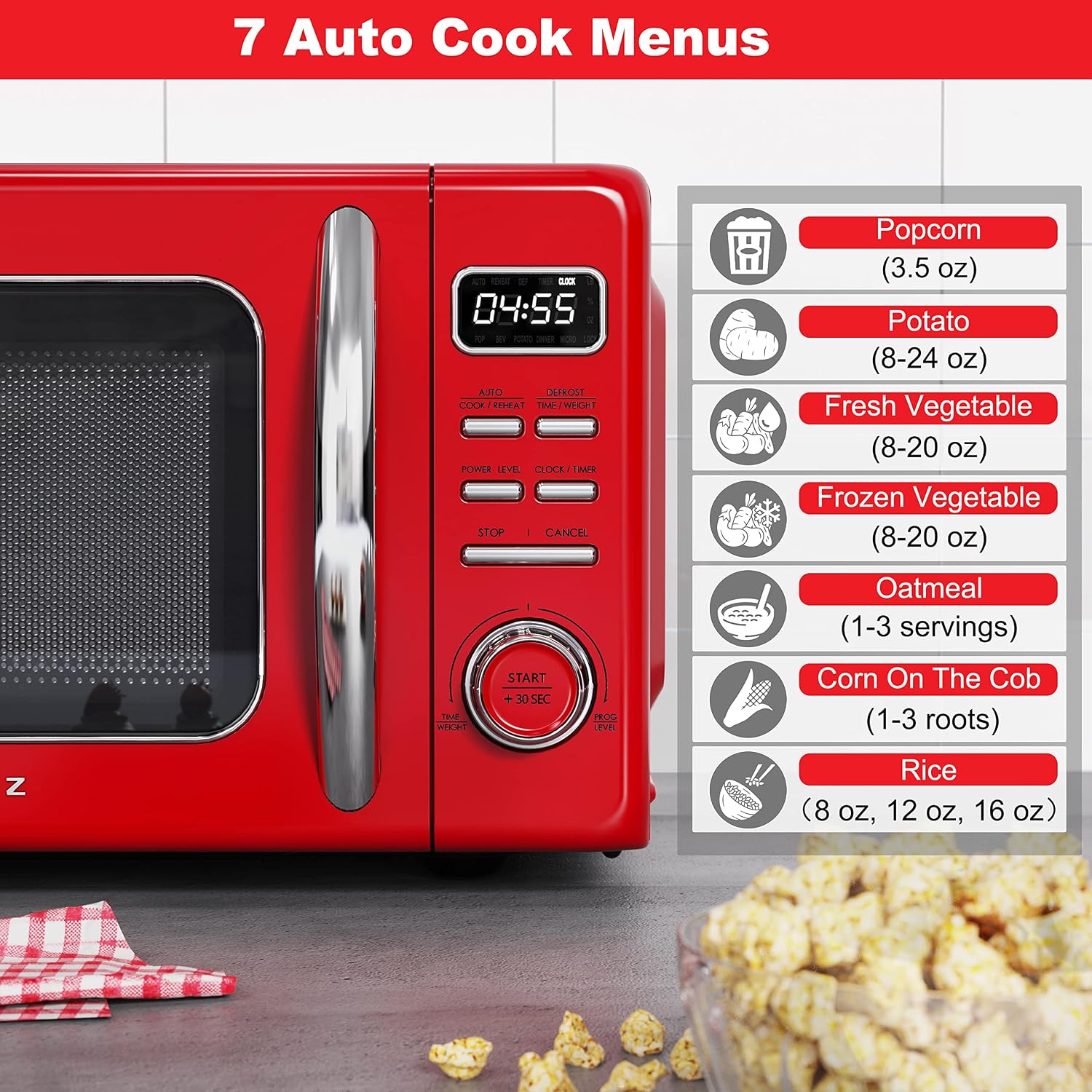 Galanz GLCMKZ07RDR07 Retro Countertop Microwave Oven with Auto Cook & Reheat, Defrost, Quick Start Functions, Easy Clean with Glass Turntable, Pull Handle. 7 cu ft, Red
