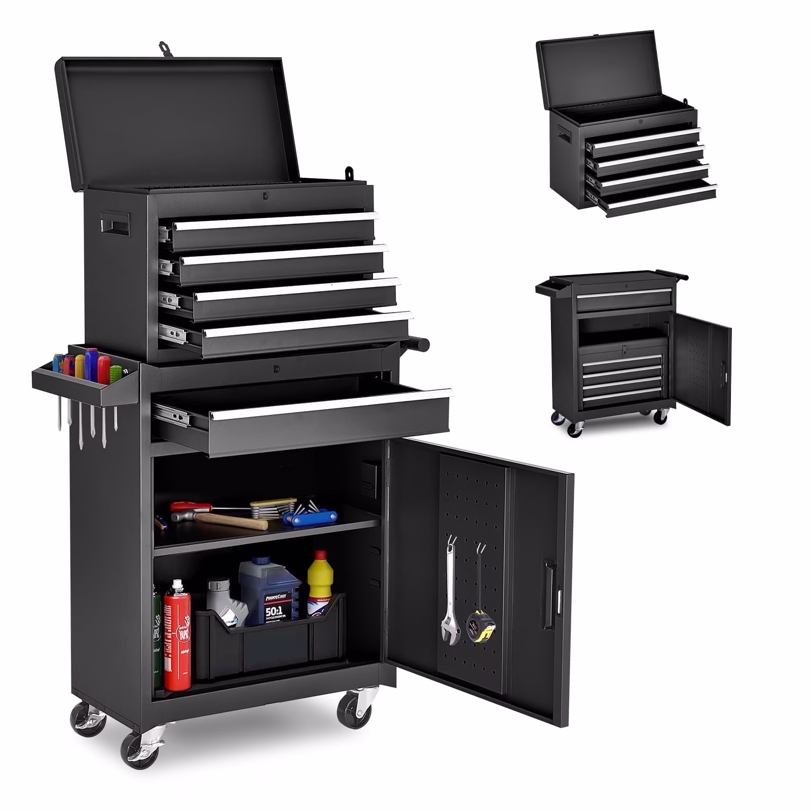 NETAJE Metal Tool Chest, 2 in 1 Steel Rolling Tool Box & Cabinet On Wheels for Garage, Detachable Top Tool Box and Lockable Wheels Metal Tool Cart for Garage, 5-Drawer, Black