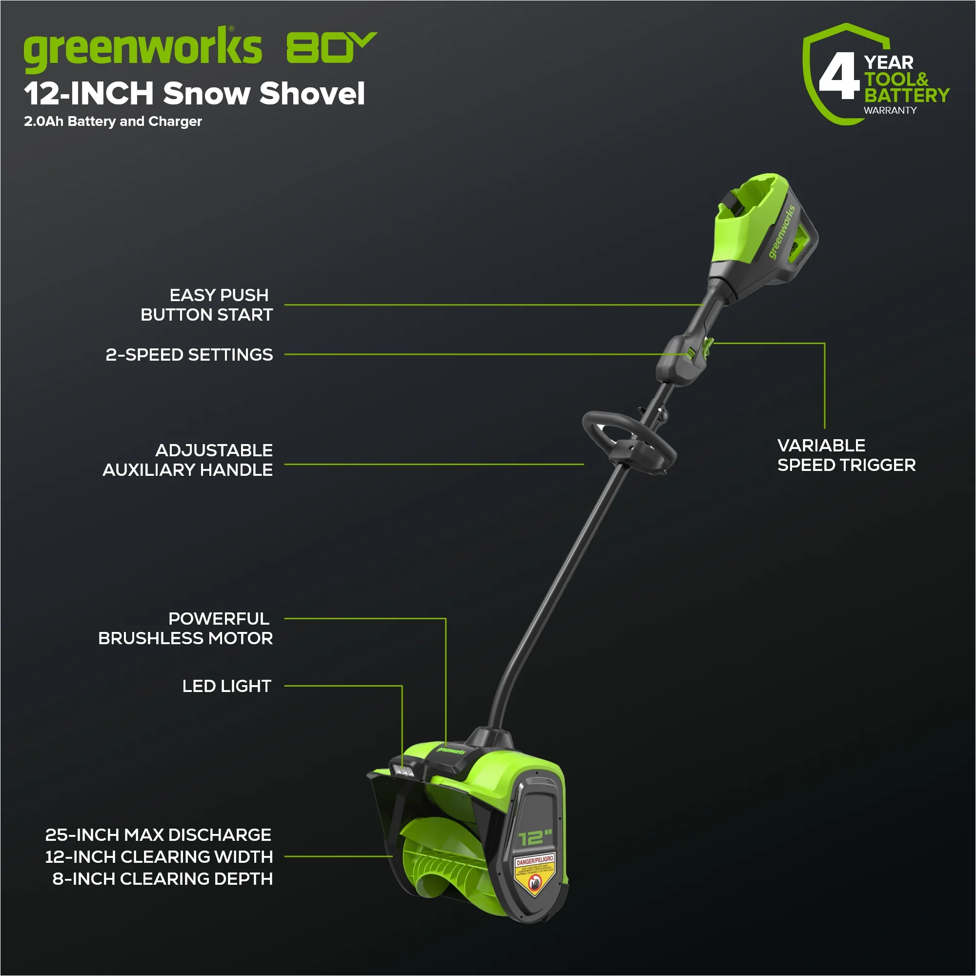 80V 12" Brushless Cordless Snow Shovel with LED Light, 2.0Ah Battery and Charger Included - Image 2
