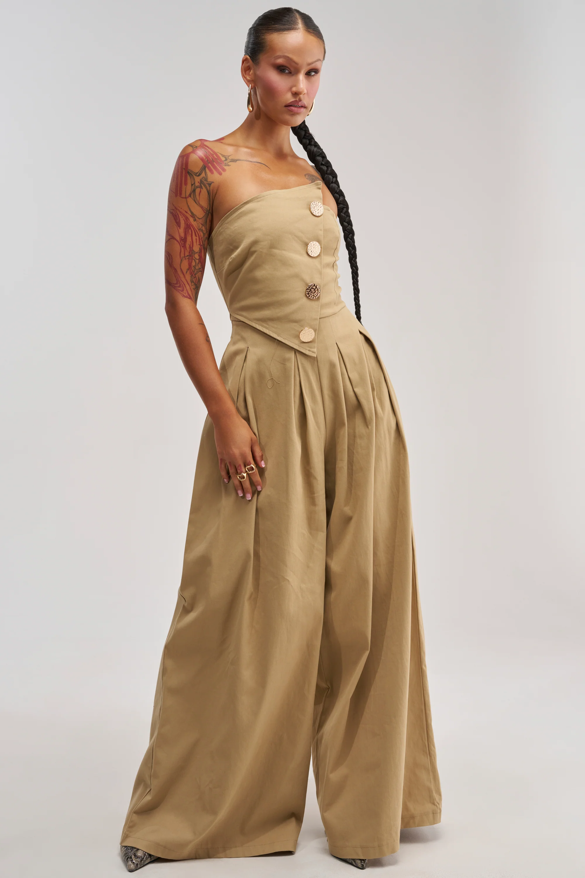 MILANO WOVEN JUMPSUIT IN KHAKI - Akira Store