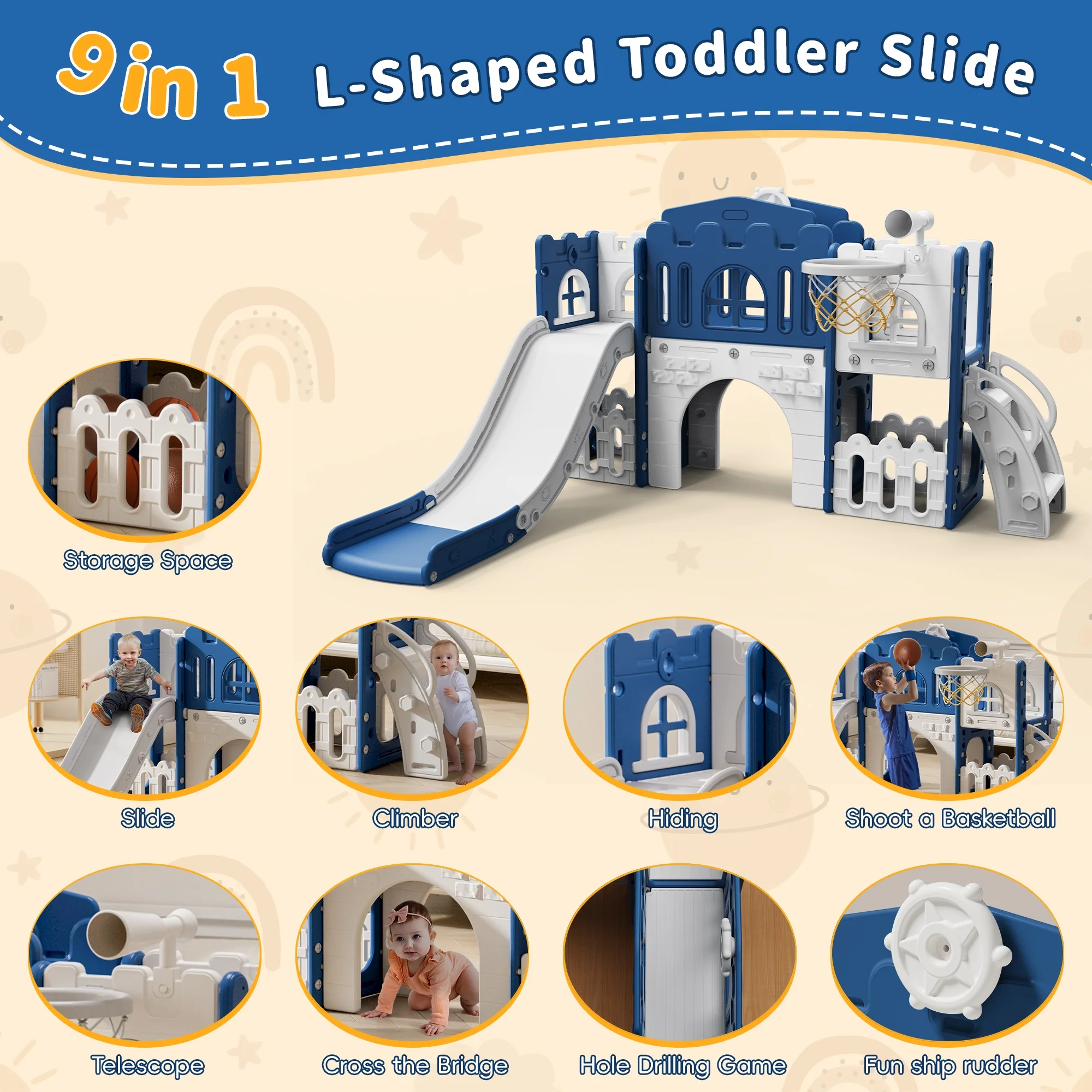 9 in 1 Toddler Slide PlaySet for kids indoor/outdoor for Toddlers Age 1+, Blue Gray(Multicolor) - Image 7