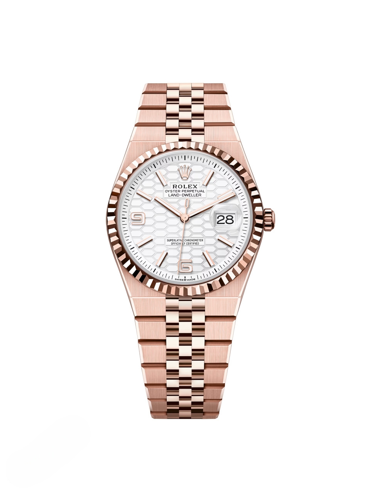 【Super Clone】RLX Land-Dweller 127235-0001 White Honeycomb Dial Everose Jubilee Bracelet 36mm