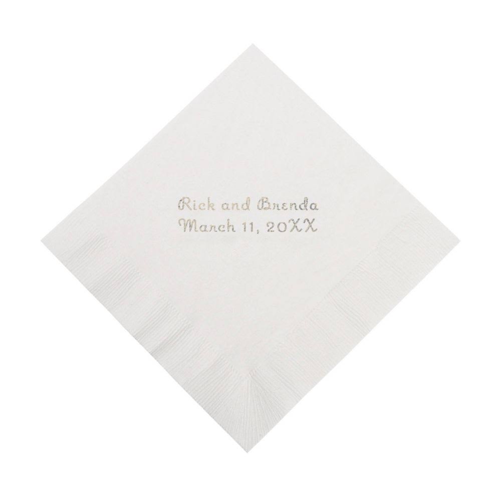 50 PC White Personalized Napkins with Silver Foil - Beverage