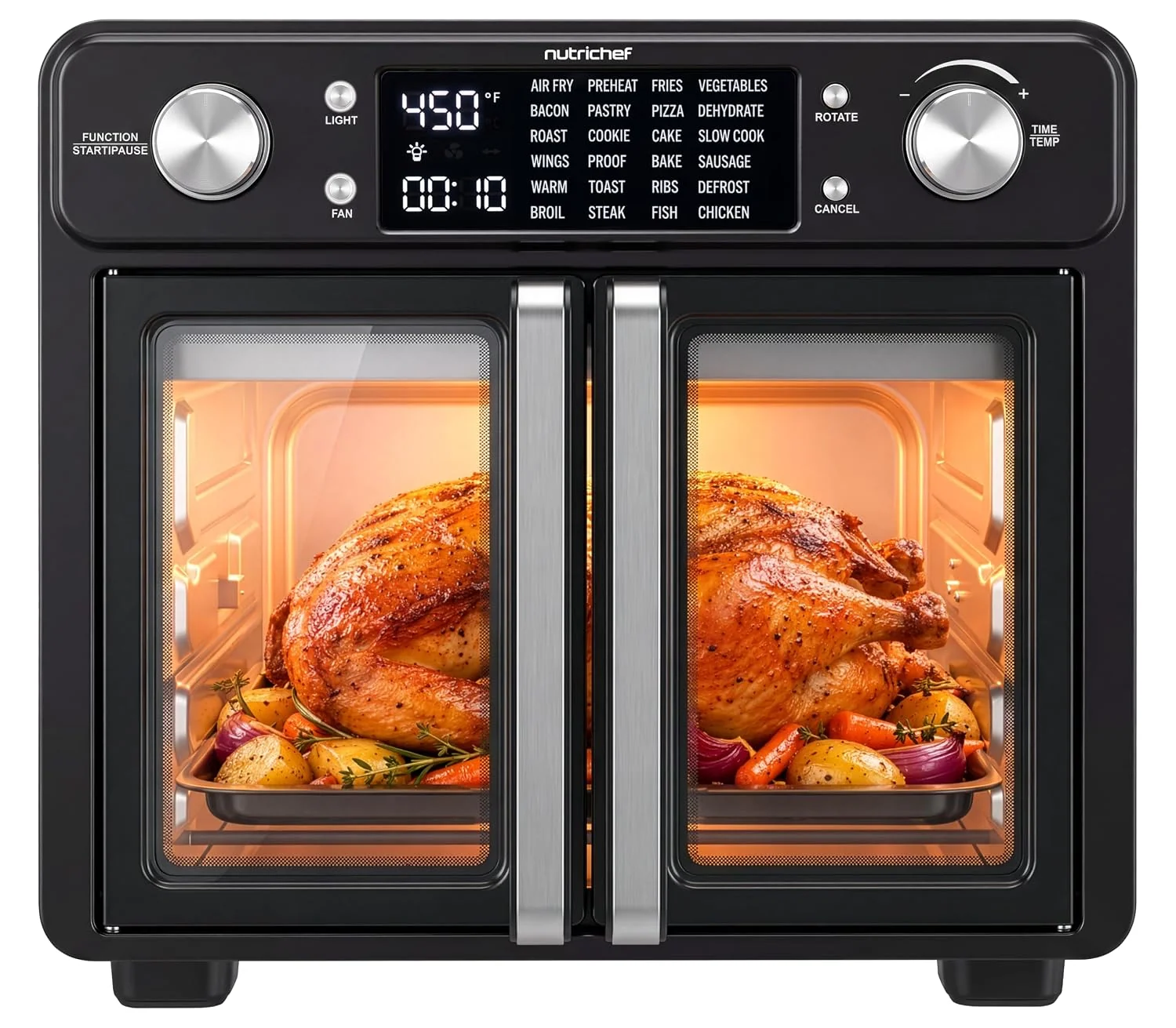 NutriChef 26 Quart Air Fryer Oven | French Door Toaster Oven for Families | Includes 24 Preset Cook Modes, Rotisserie Function, Adjustable Temperature to 450F & 24 Hour Timer | Black