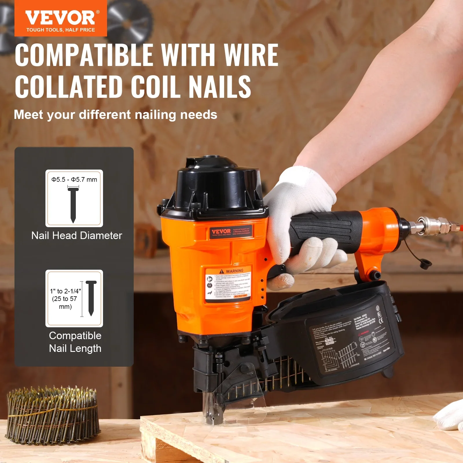VEVOR Coil Siding Nailer MCN55, 1 inch to 2-1/4 inch 15 Degree Pneumatic Siding Nail Gun, 70-120PSI Air Coil Nailer for Siding, Pallet Sheathing, Fencing, Decking