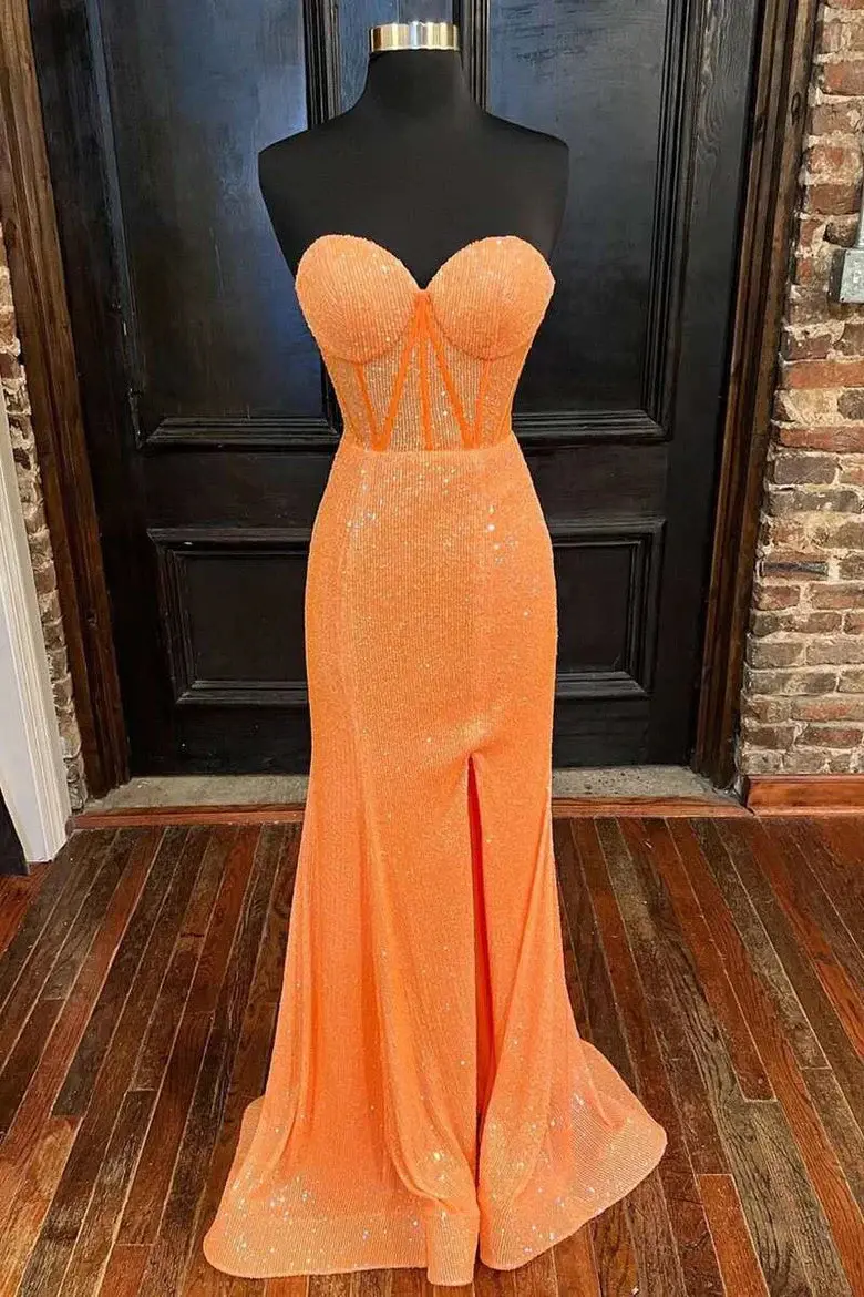 Hot Pink Sequin Strapless Sweetheart Mermaid Long Prom Dress with Slit DM1893