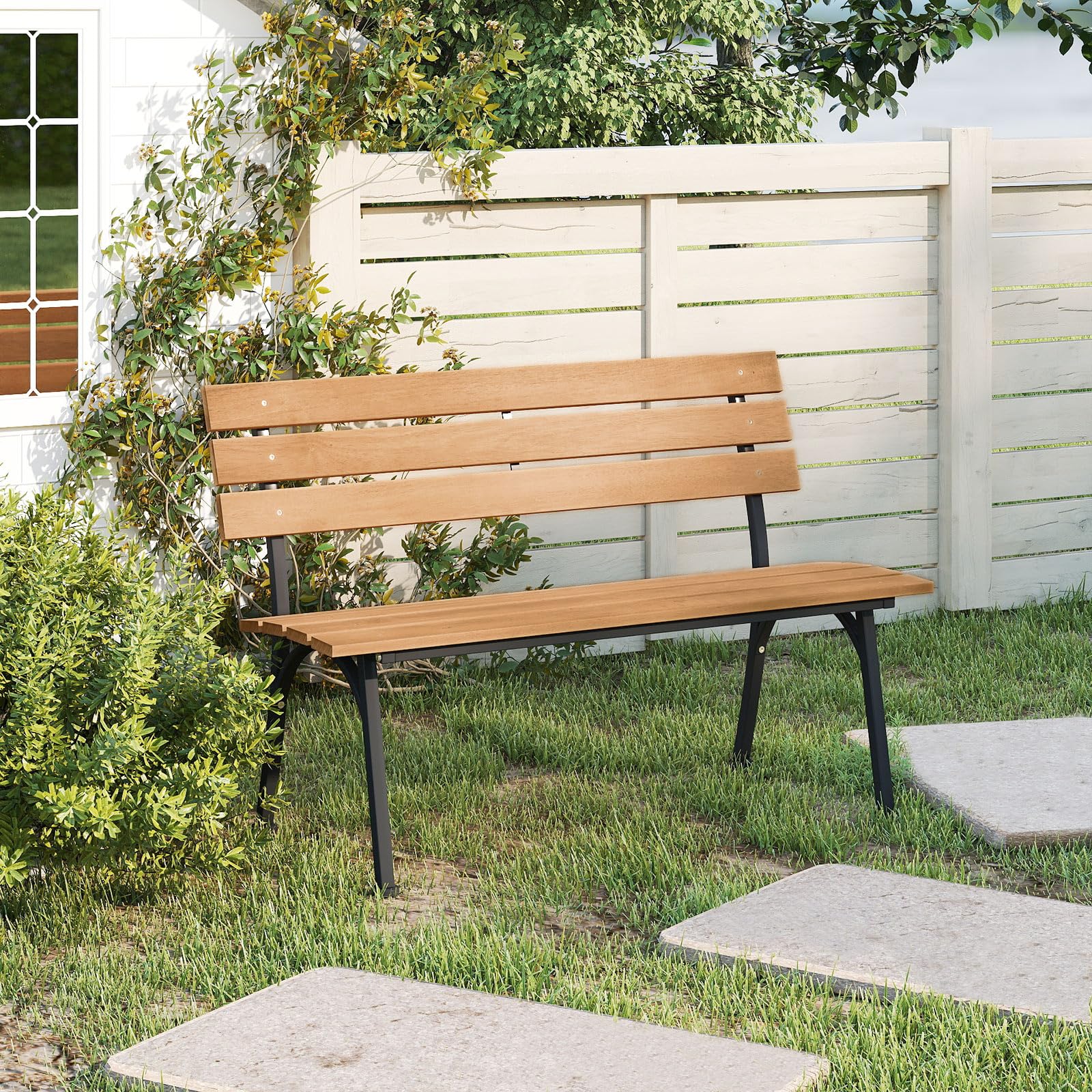 Tangkula Acacia Wood Outdoor Bench with Backrest for Outside Front Porch