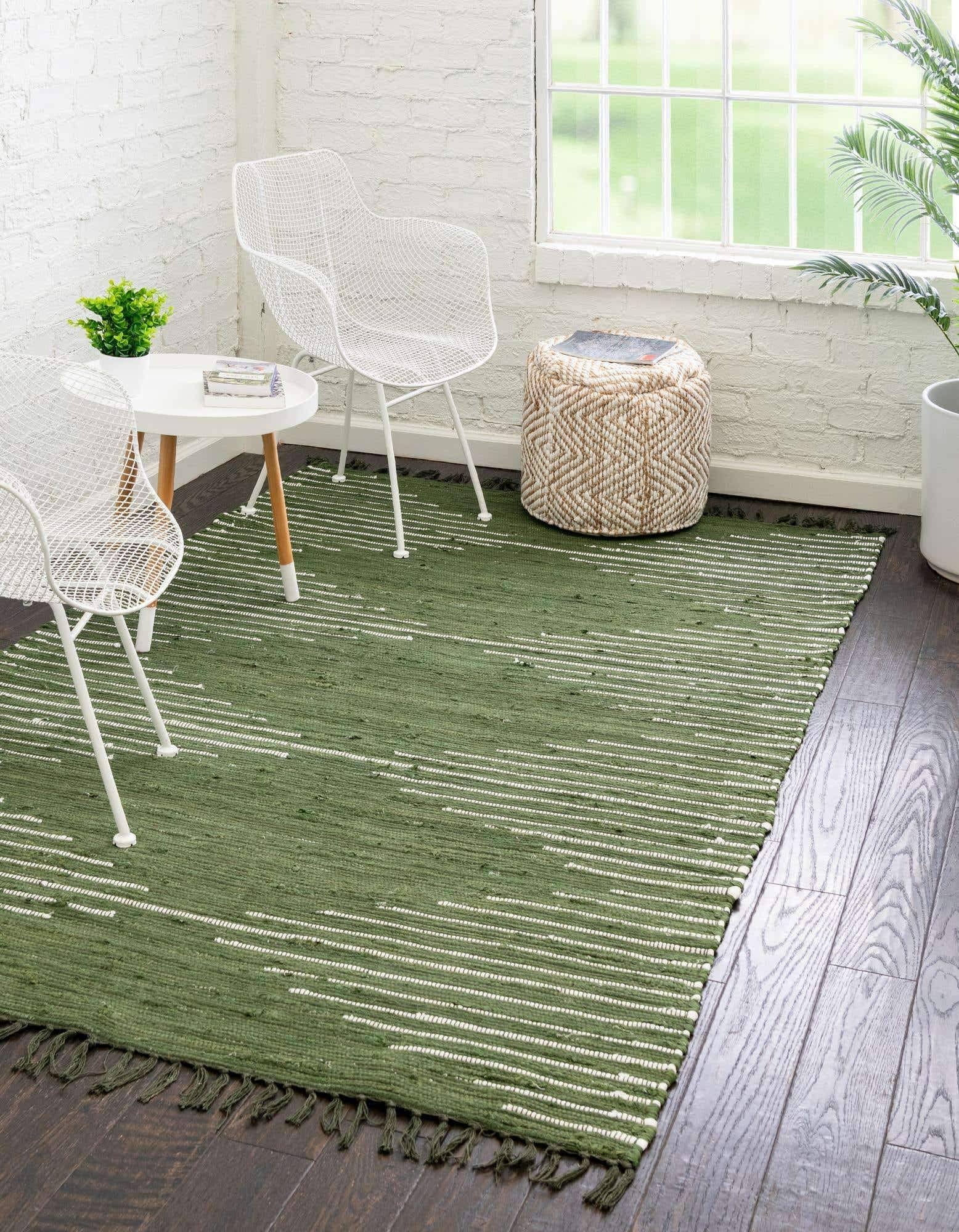 Unique Loom Chindi Cotton Geometric Striped Rug 5' x 8' Rectangle Green/Ivory