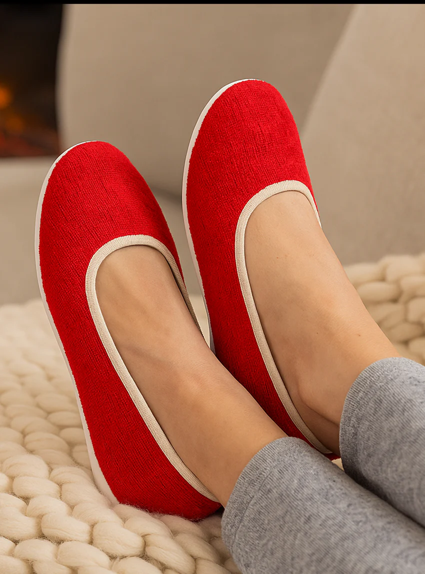 Chaussons ballerines femme intérieur coton rouge