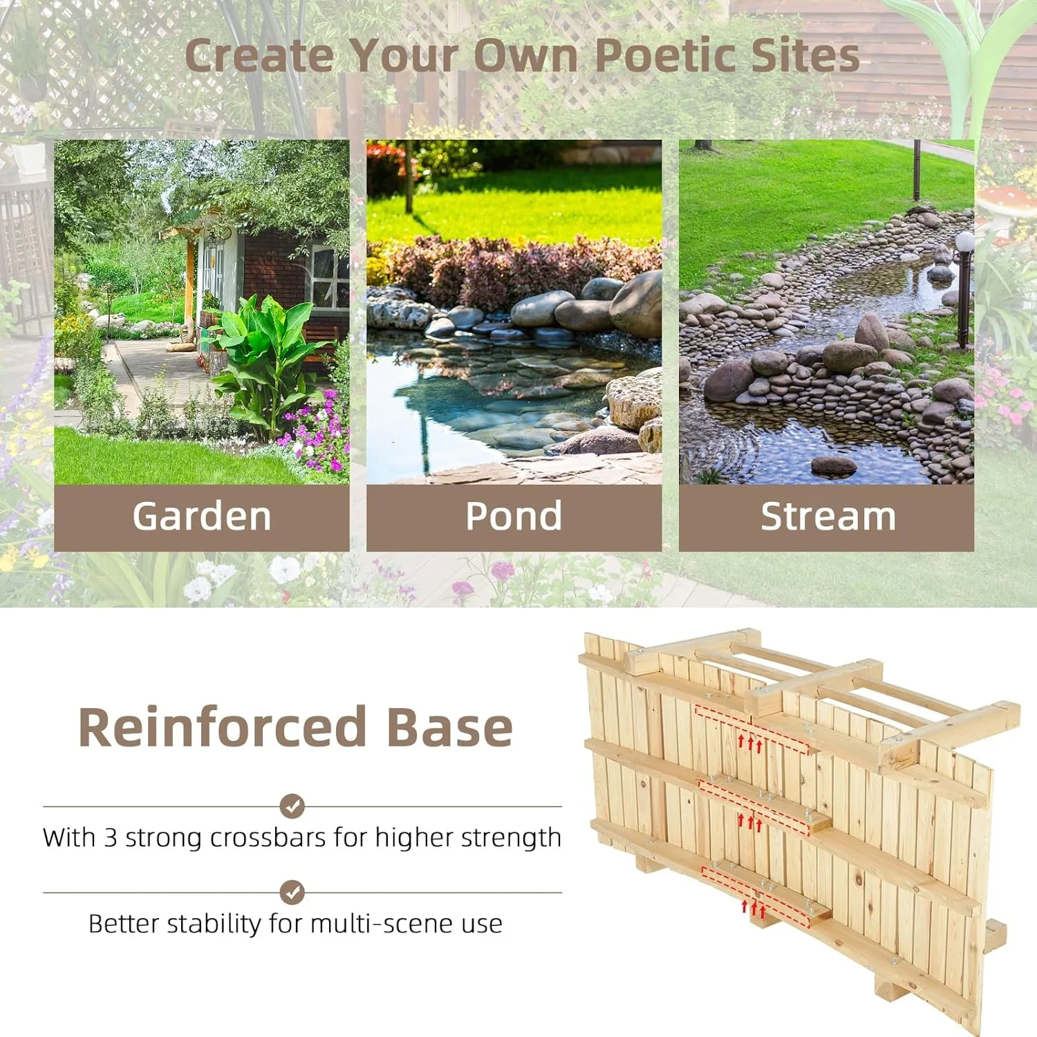 Classic Wooden Garden Bridge �C Arch Footbridge with Safety Railings
