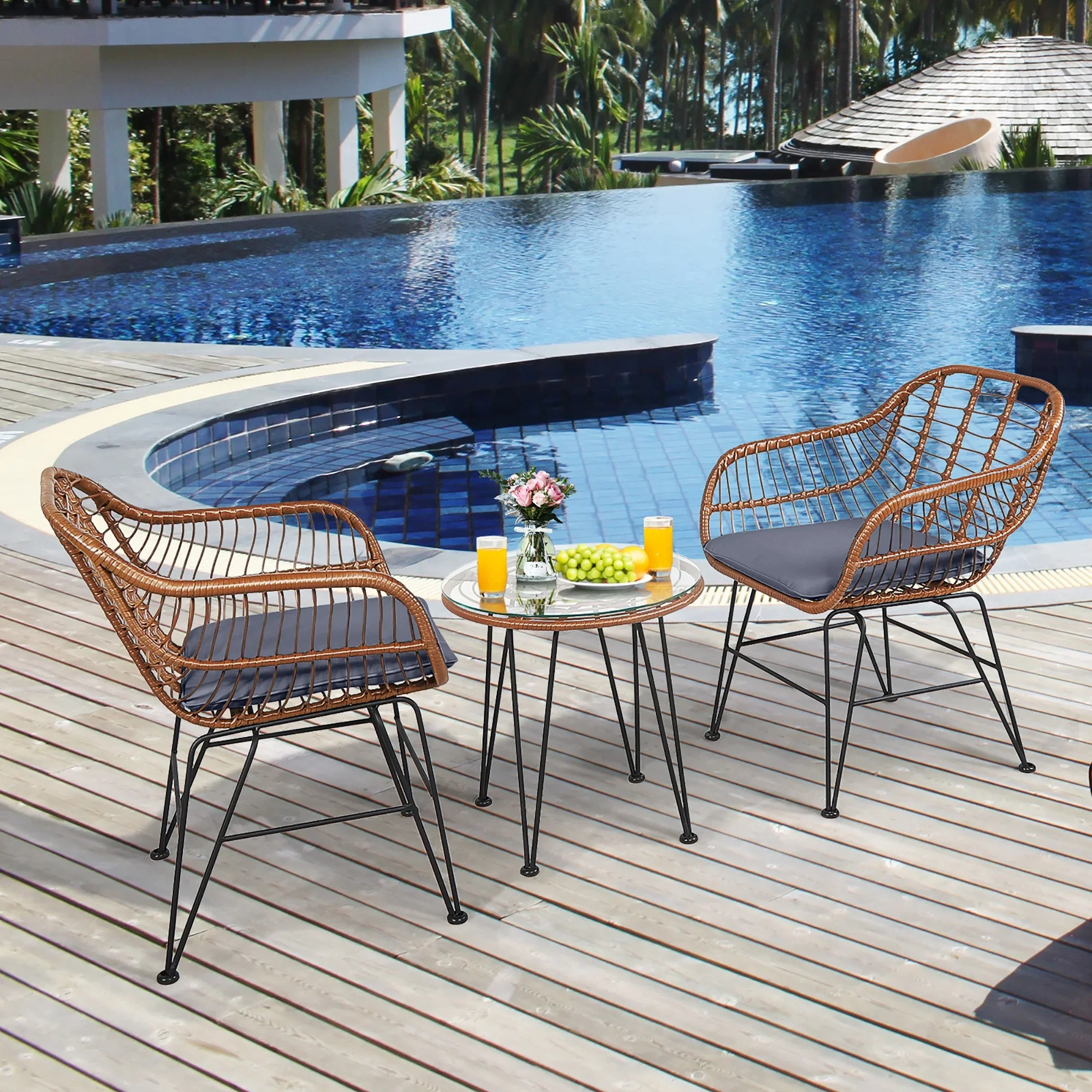 Costway 3PCS Patio Rattan Bistro Set Coffee Table Armchair Garden Red Cushion