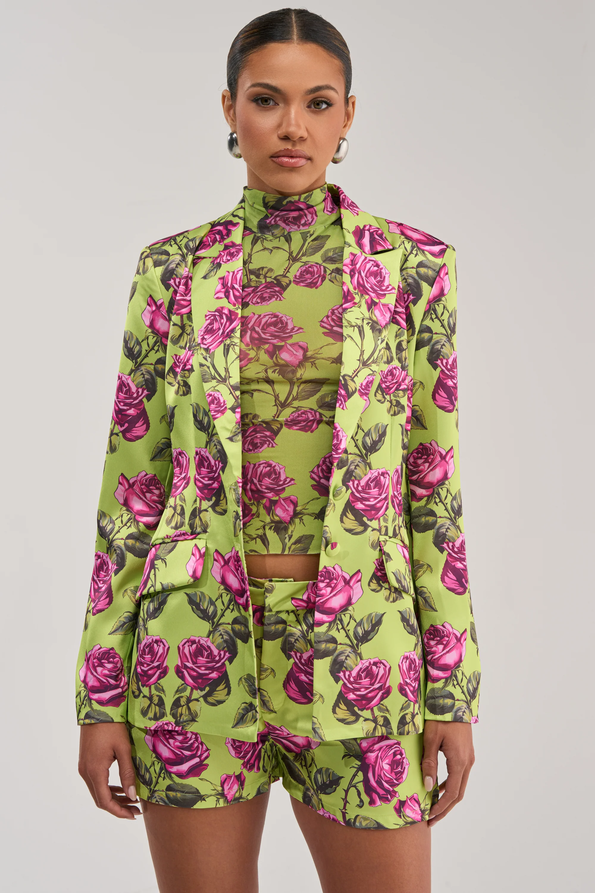 DOZEN ROSES SATIN BLAZER IN CHARTREUSE - Akira Store