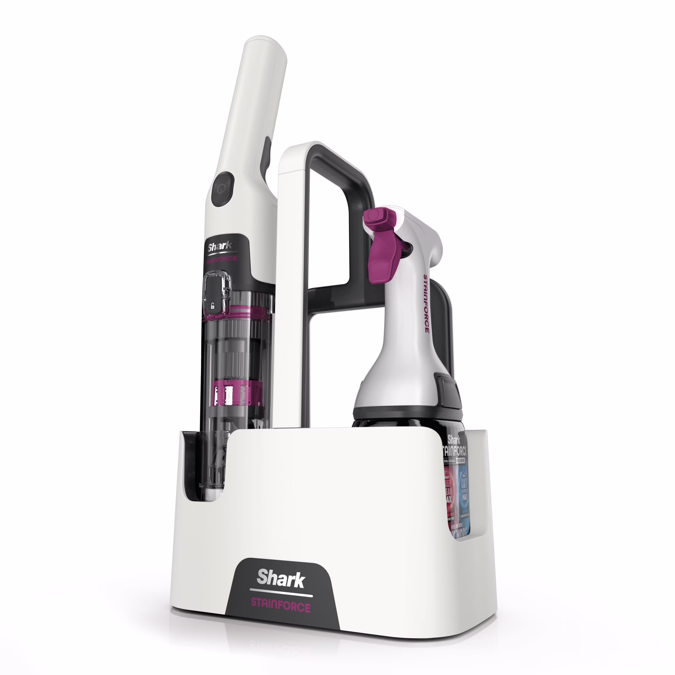 Shark Stainforce Cordless Portable Spot, Stain, & Odor Remover System for Carpets, Area Rugs, Upholstery, Stairs, Cars, with Storage Caddy, and Full - Size Cleaning Solution, White, HX100