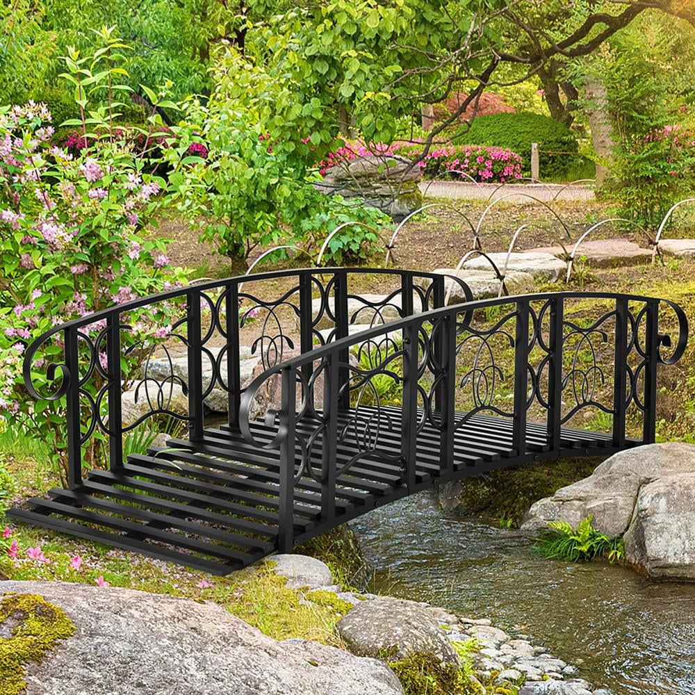 GVN Bridge, Garden Bridge,Metal Arch Backyard Garden Bridge with 660 lbs. Weight Capacity, Safety Siderails, Black