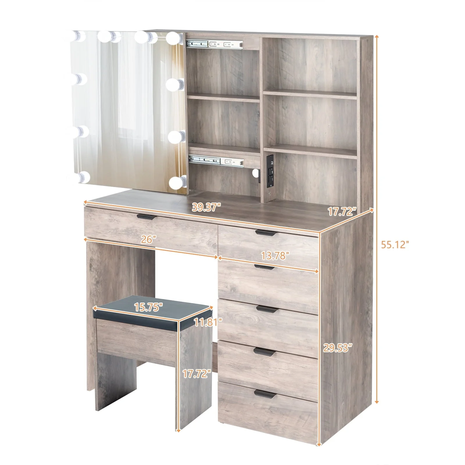 Ktaxon Vanity Table Set with USB Charging Stationfor Bedroom Makeup Dressing Table with Sliding Mirror,3 Color Light
