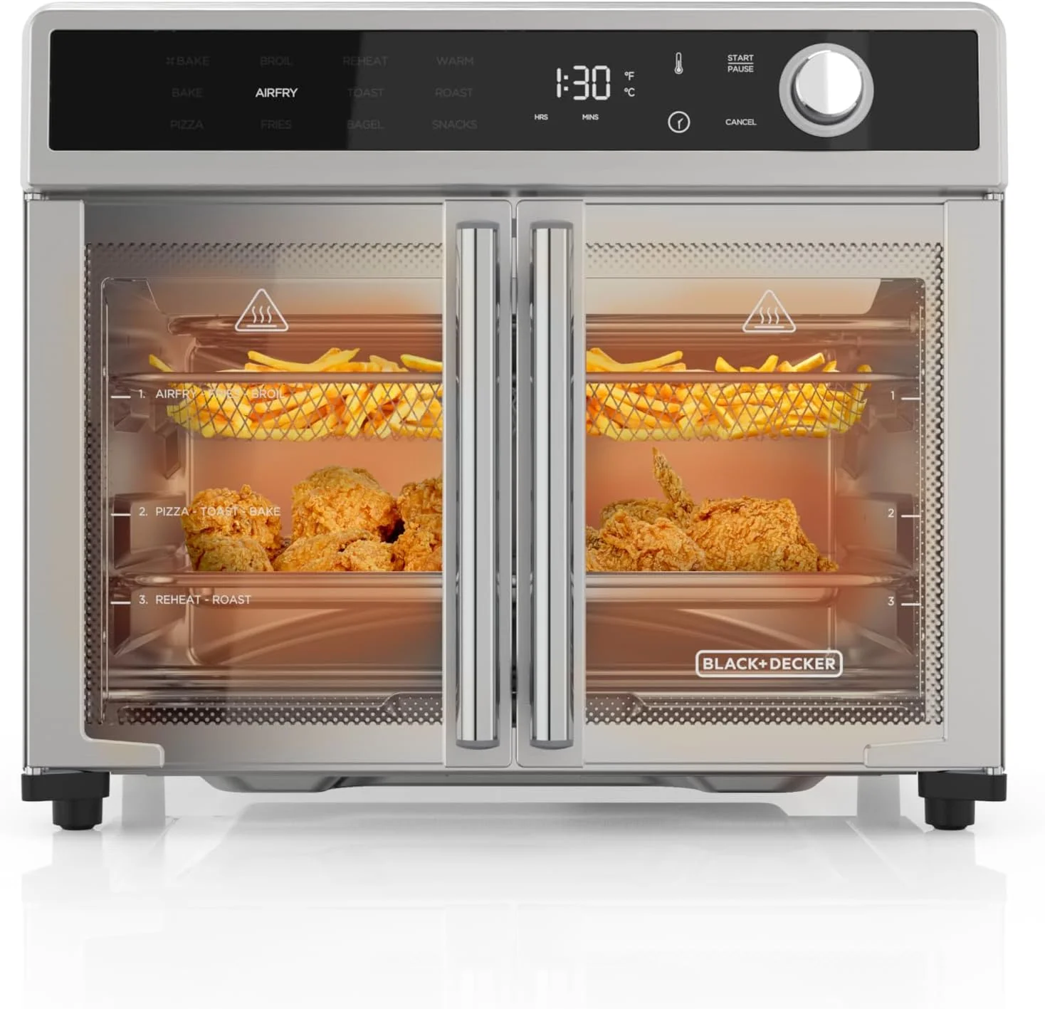 Four combiné friteuse à air chaud et grille-pain, four à convection de comptoir 12 en 1, cuit les aliments rapidement, peut contenir une pizza entière ou 6 tranches de pain grillé, portes françaises avec finition en acier inoxydable.