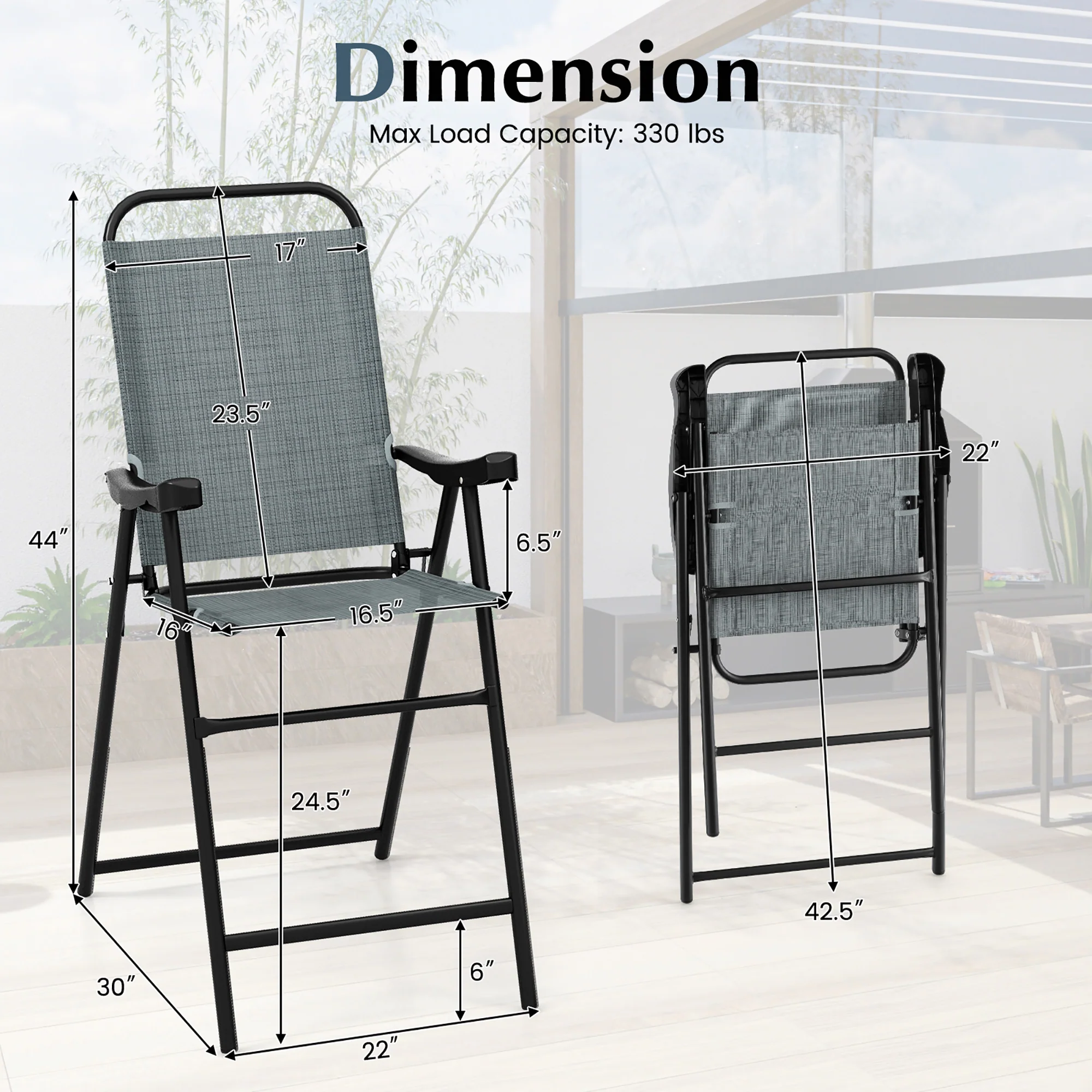 Gymax 4 PCS Patio Bar Chair Folding Bar Height Metal Frame w/ Footrest Garden Blue