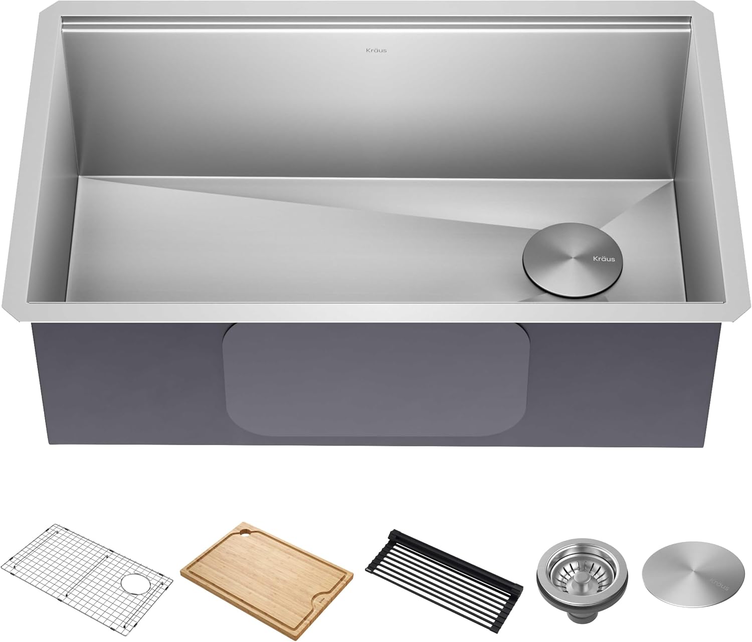 KRAUS Stainless Steel 30 in Undermount Kitchen Sink KWU110-30| 16-gauge TRU16 steel, integrated ledge for accessories, cutting board and roll-up rack included, NoiseDefend soundproofing