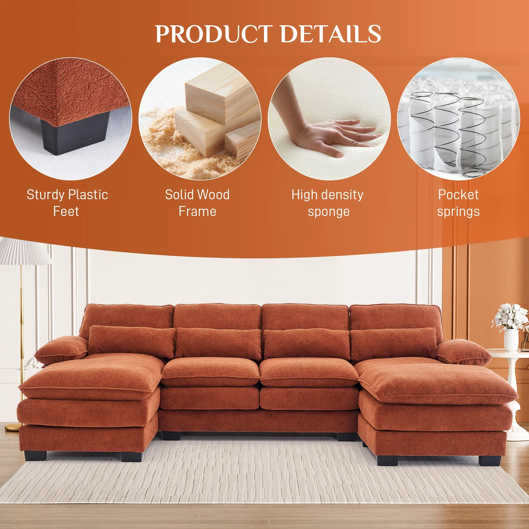 114 3" U Shaped Sectional Couches for Living Room,Cloud Couch,4 Seats Chenille Couch with Double Layer Cushion,Orange(Orange) Image 6