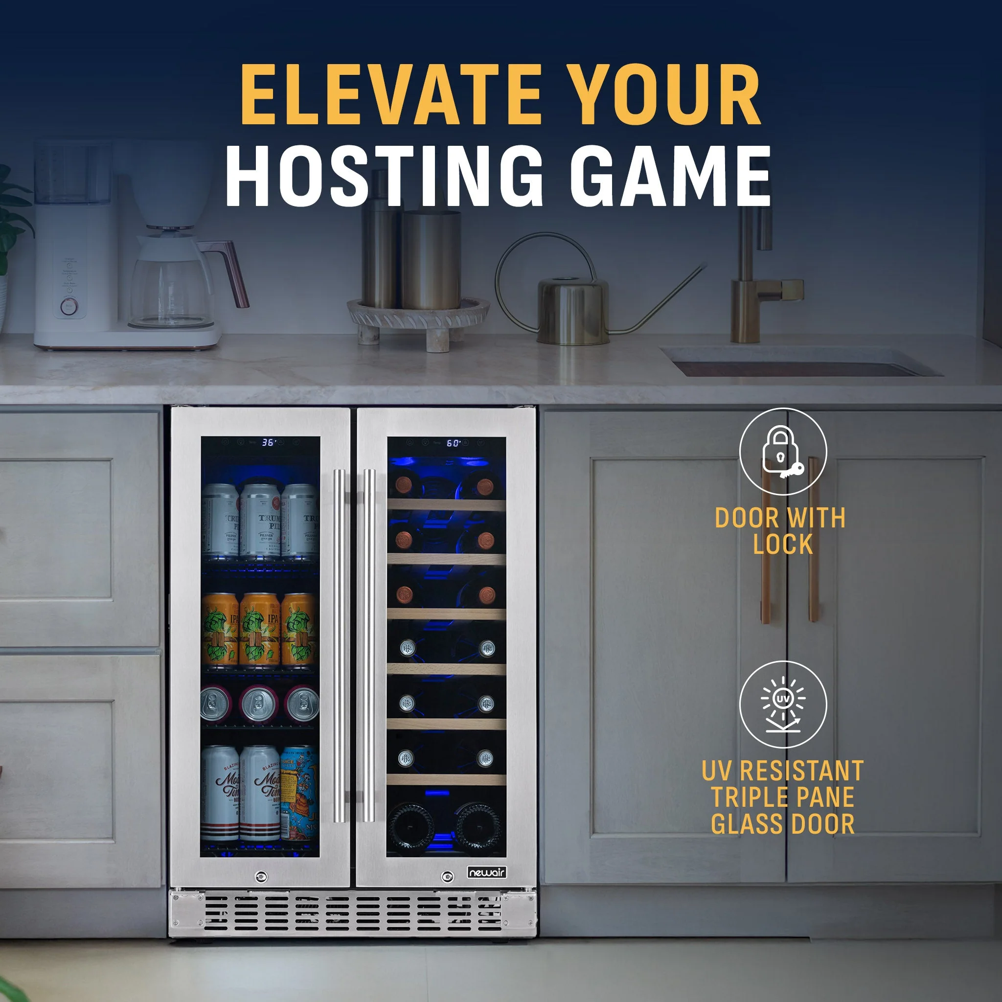 Newair 58-Can, 18-Bottle Premium Built-in Dual Zone Beverage Fridge - 24
