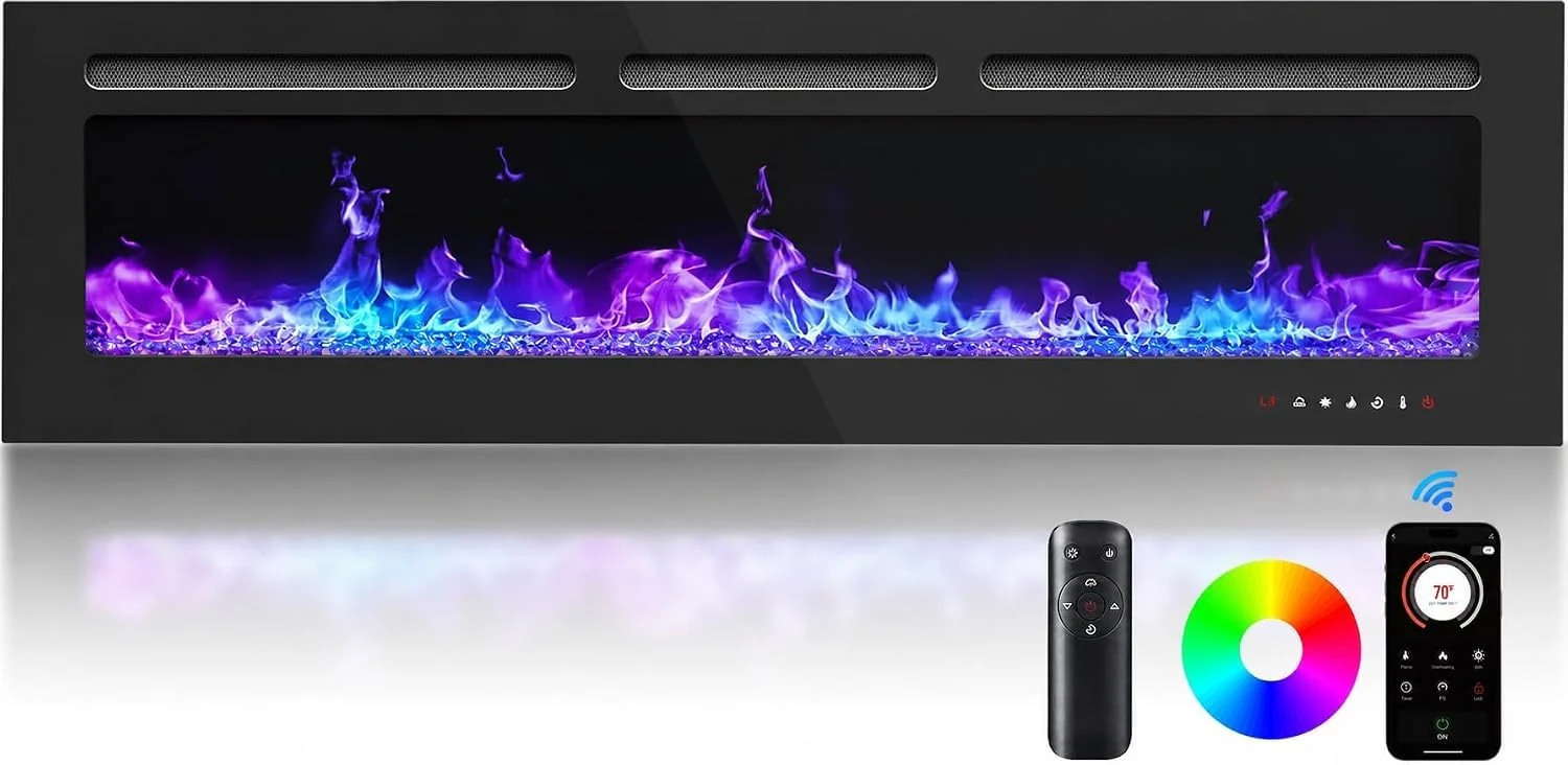 Silonn 50-Inch Smart Electric Fireplace, Ultra-Slim Wall-Mounted or Recessed Fireplace Heater with 1400W Heat, WiFi App & Remote Control, Timer and 20 Customizable Flame Colors