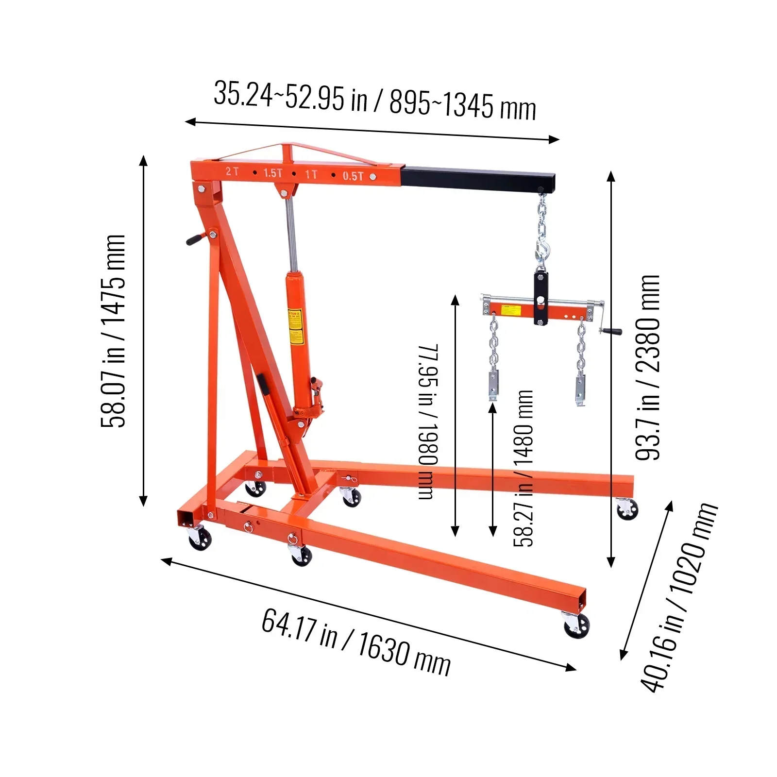 2T Folding Engine Hoist with Leveler. 4400 lbs Capacity. Heavy-Duty Hydraulic Cherry Picker Crane