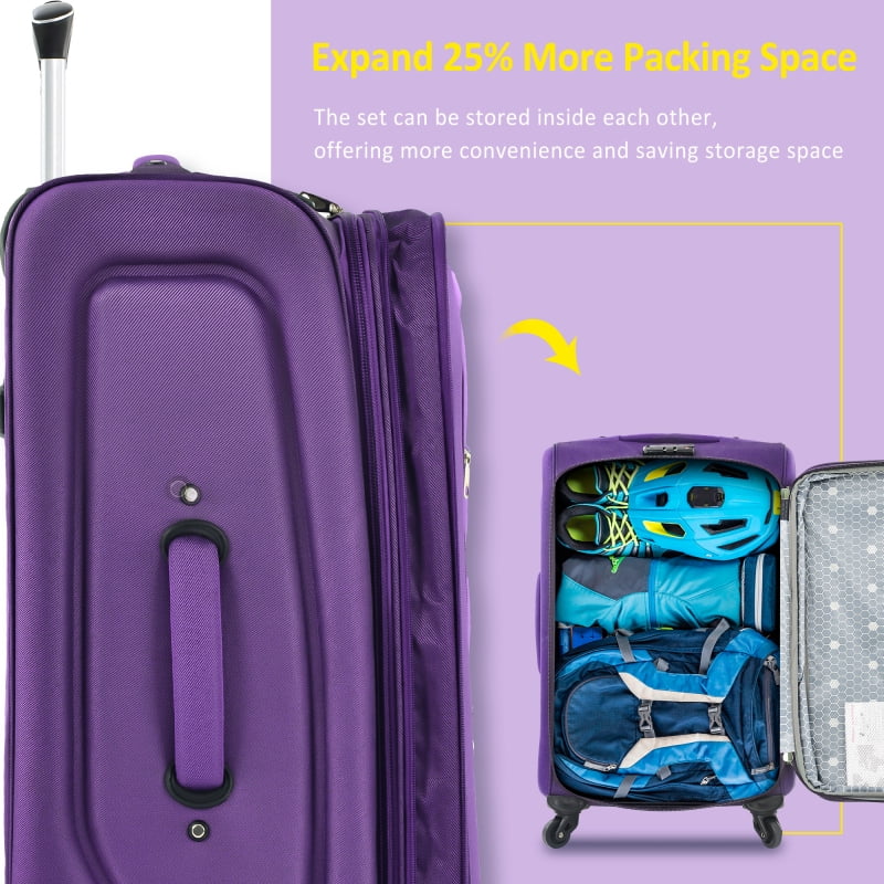Softside Luggage Expandable 3 Piece Set Suitcase Upright Spinner Softshell Lightweight Luggage Travel Set(Purple + Polyester) - Image 2