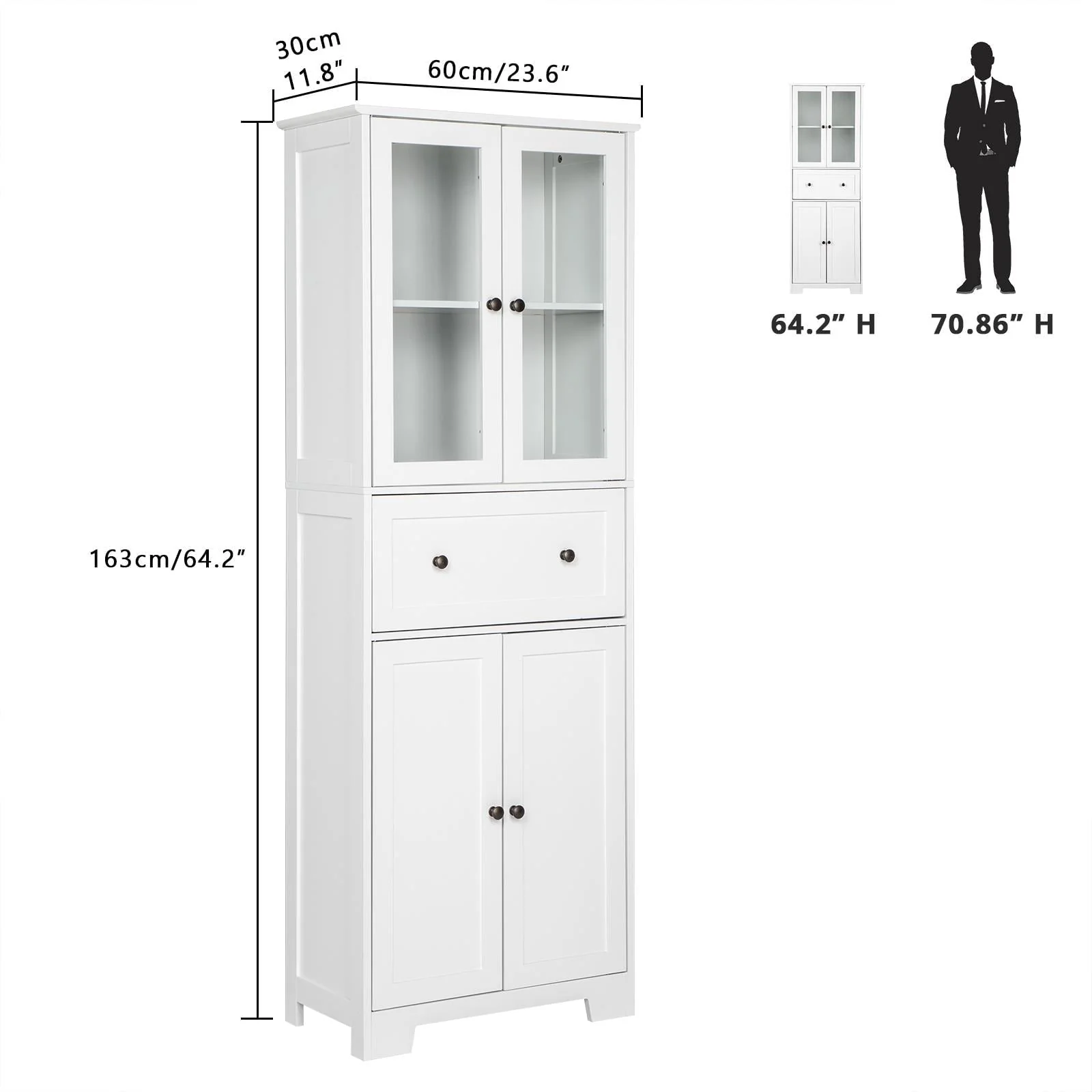 Ktaxon 64" Tall Bathroom Storage Cabinet Organizer, Freestanding Kitchen Pantry Cabinet Line Tower with 2 Glass Doors, Large Drawer 4 Adjustable Shelves for Dining Room Living Room Home Office,White Image 7