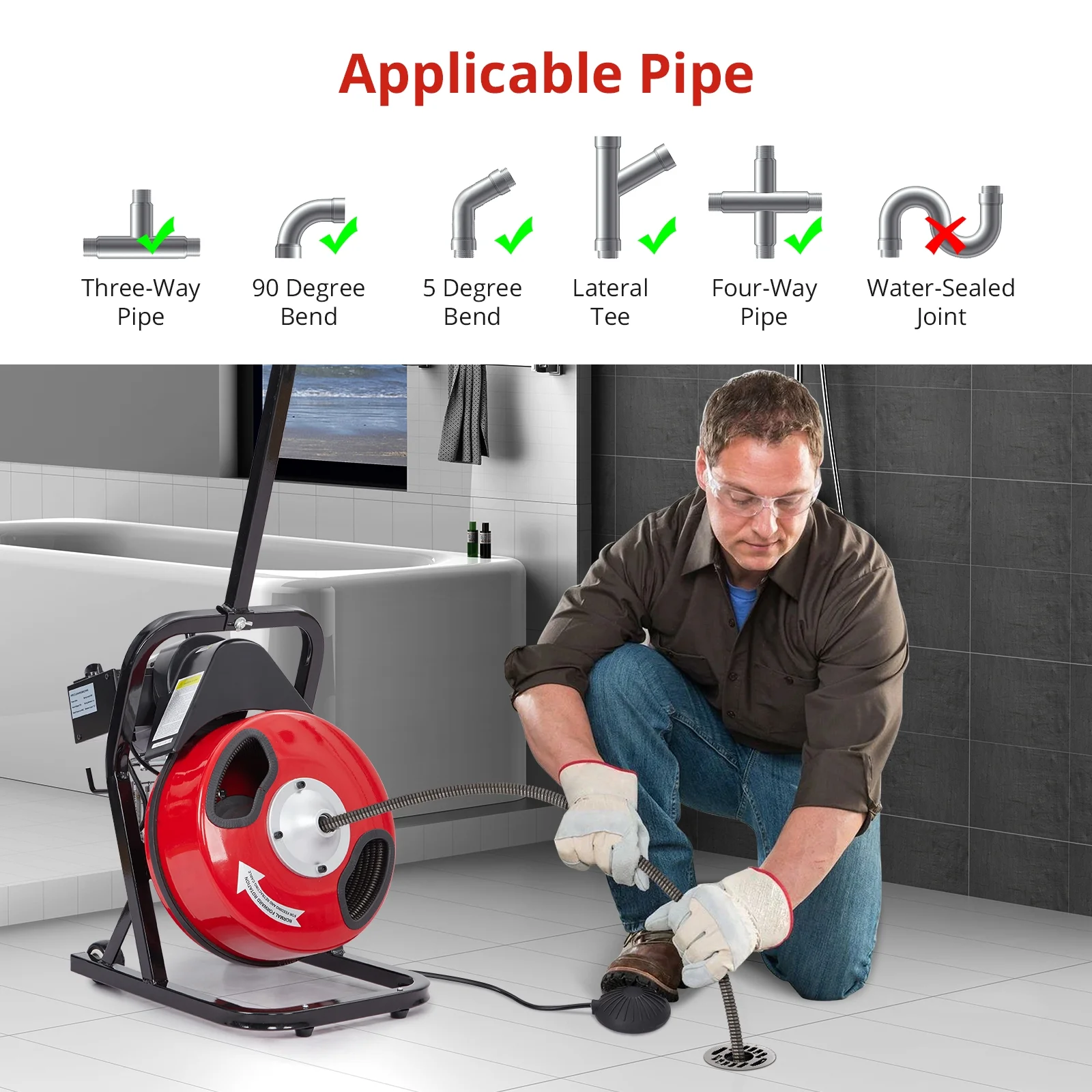 Drain Cleaner Machine 50FT/75FT/100FT x 3/8-inch/1/2-inch Sewer Auger Electric Drain Auger Sewer Snake with 4 Cutter, Air-Activated Foot Switch, Gloves(250W-50FT-1/2inch) - Image 9