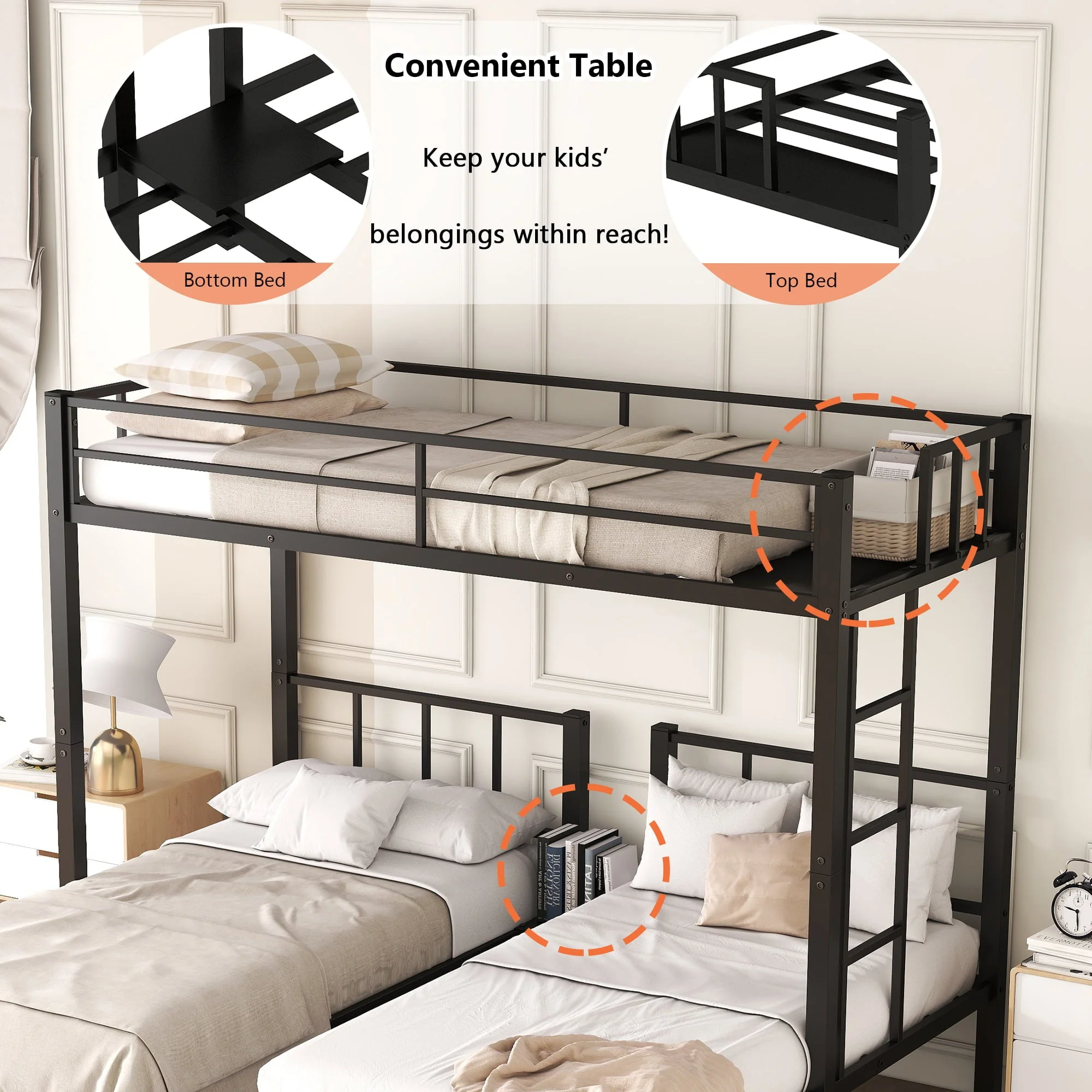Metal Twin Triple Bunk Bed, Twin over Twin over Twin Bunk Bed for 3 Kids, Noise Reduced Structure, Separates Into 3 Twin Beds, Black - Image 5
