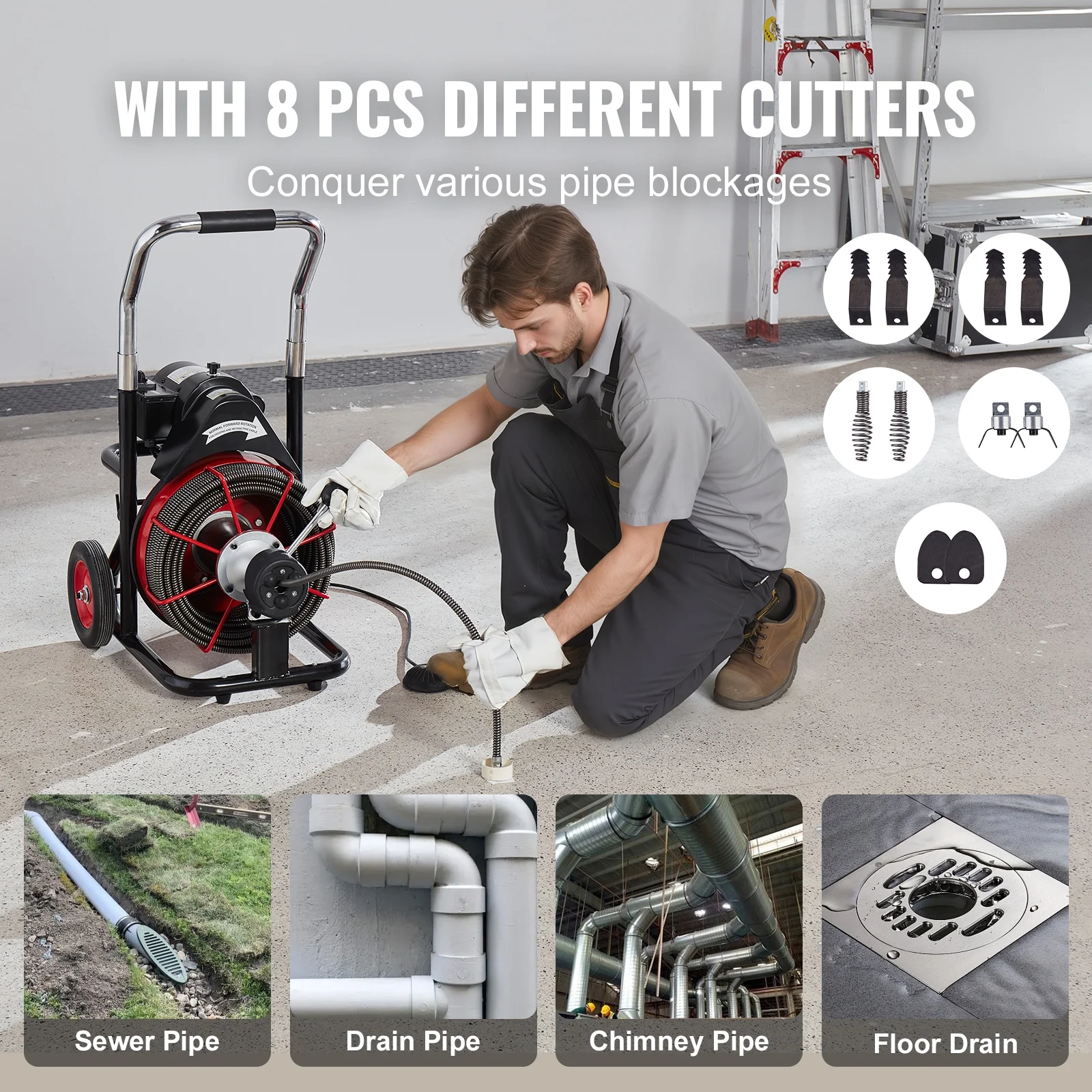 VEVOR Drain Cleaner Machine 100FT x 1/2 in, Auto Feed Sewer Snake Auger on Wheels, 550W Portable Drain Cleaning Machine with 8 Cutters & Air - Activated Foot Switch for 2