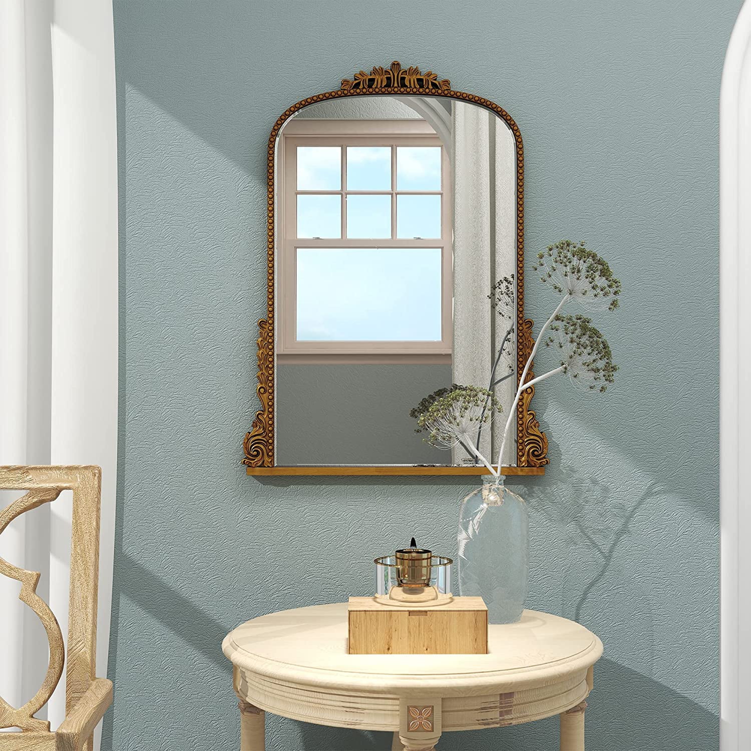 Traditional Baroque Arch Wall Mirror Antique Gold Mirror Wall Decor for Living Room Home 31 5" x 23 6'' Image 7
