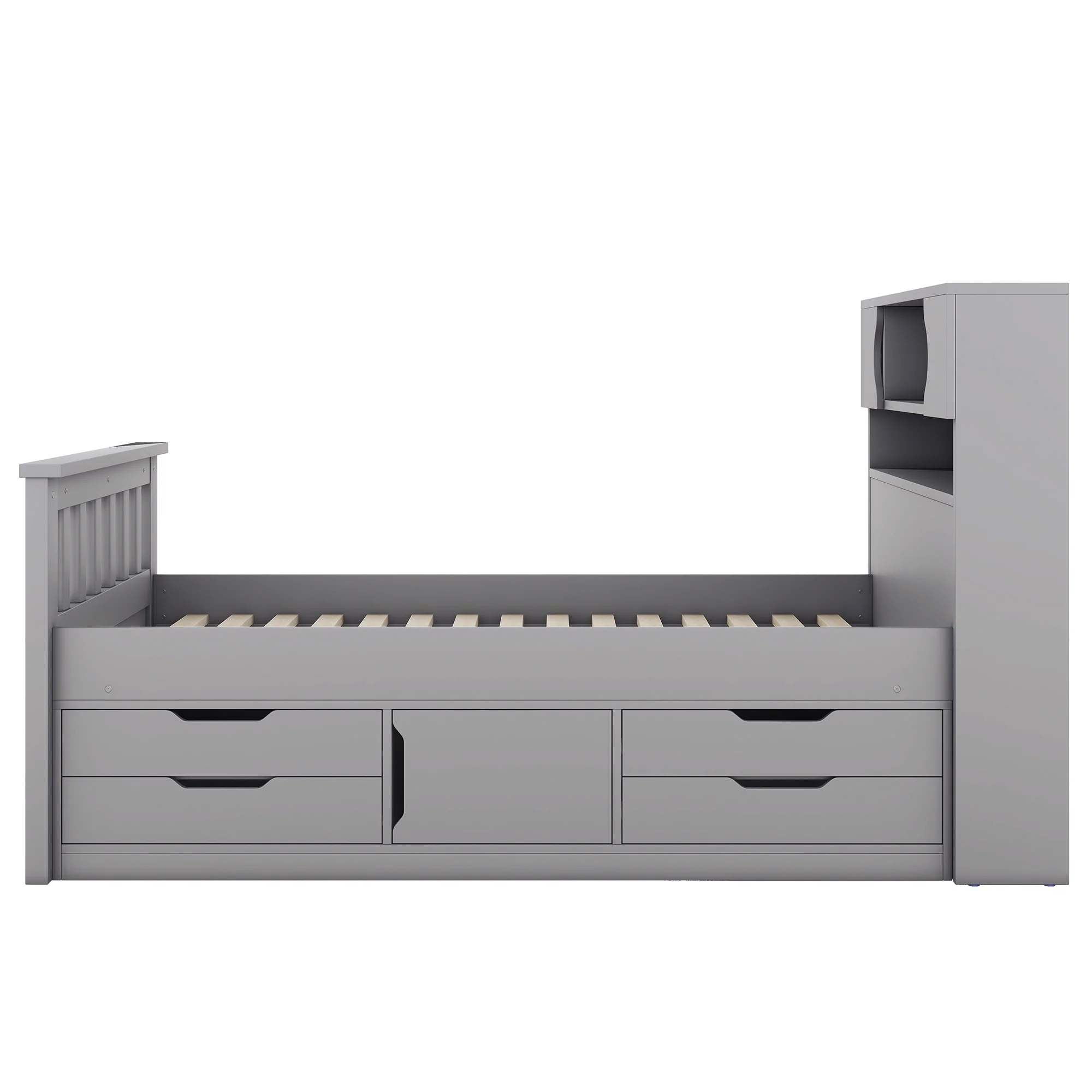 Wood Twin Size Platform Bed with Storage Headboard, Captain Bed with 4 Drawers, Bookcase and Cabinets, Gray(Gray) - Image 9