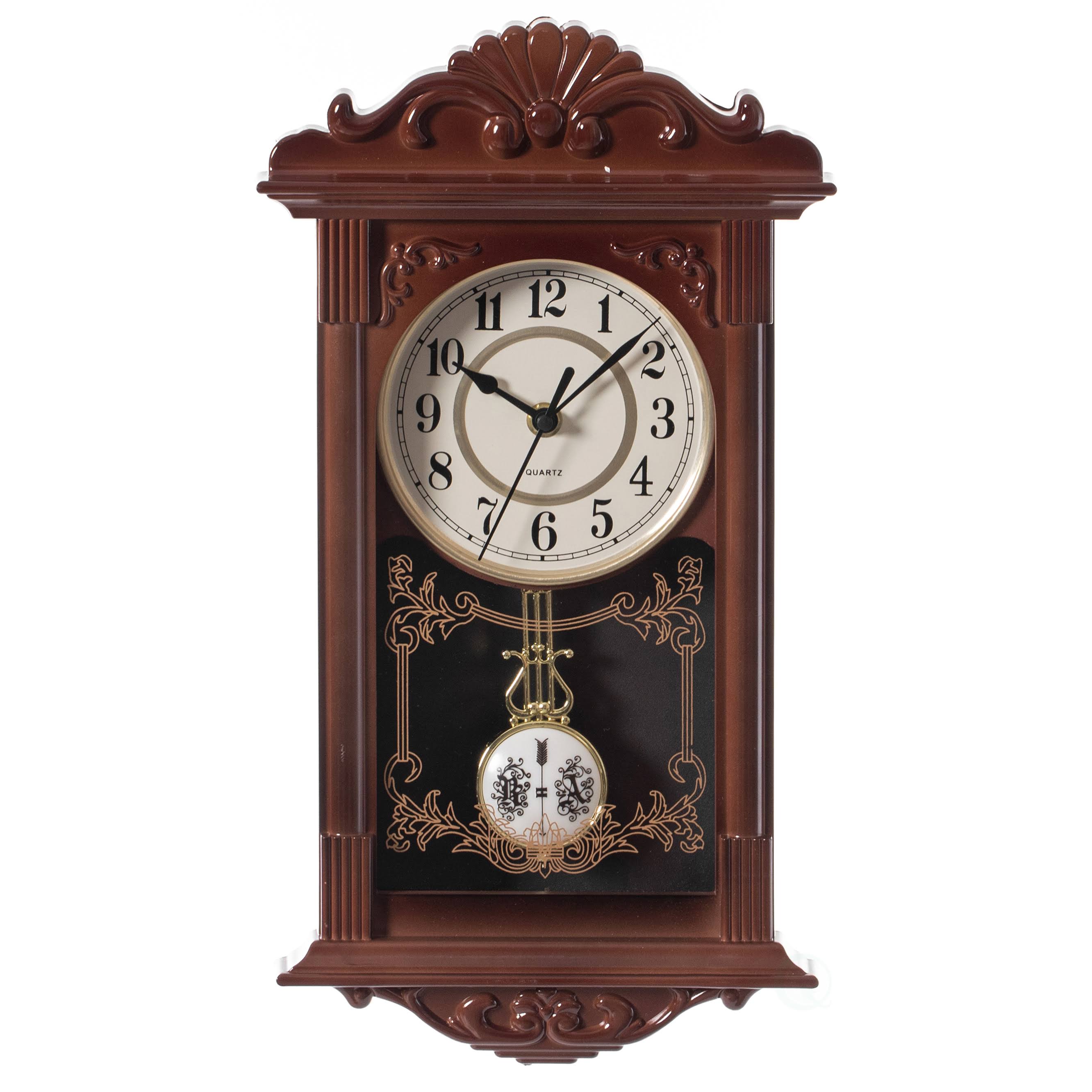 Clockswise Vintage Grandfather Wood- Looking Plastic Pendulum Wall Clock for Living Room, Kitchen, or Dining Room, Brown