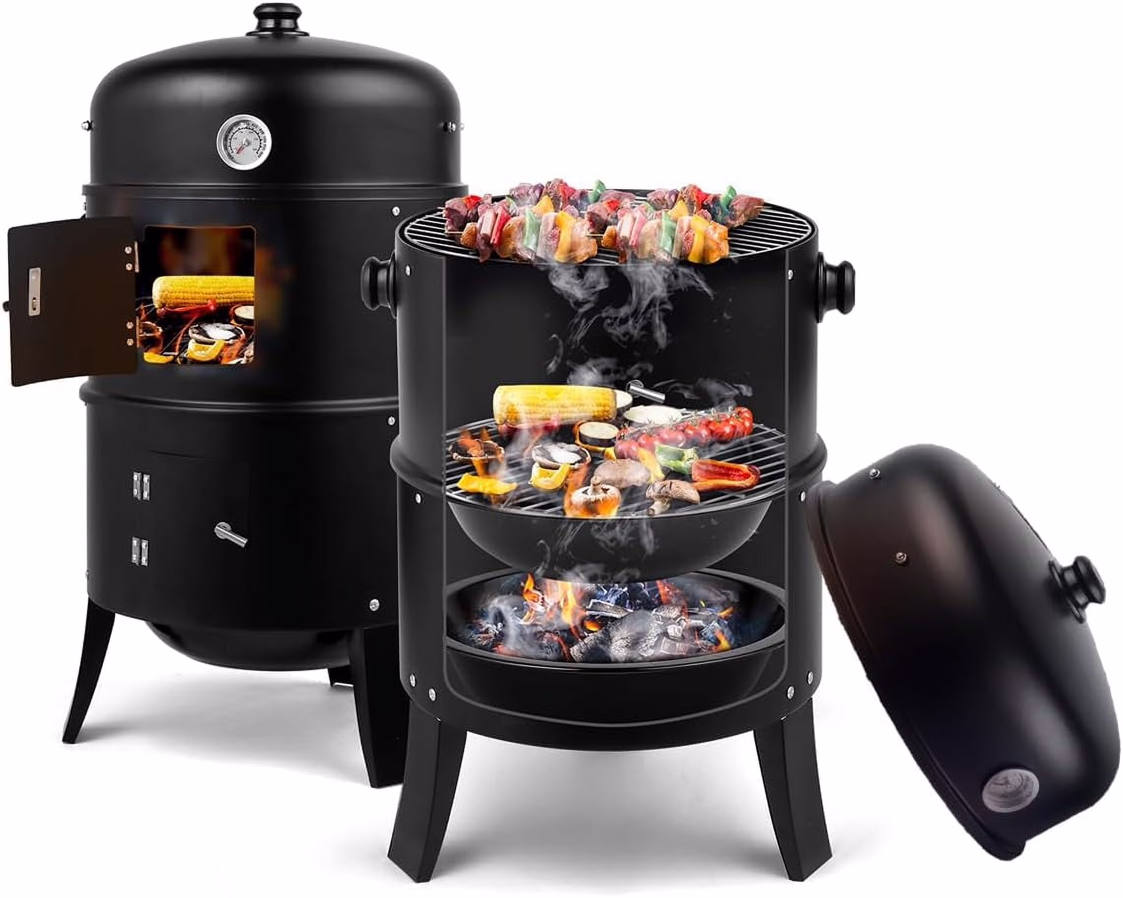 Vertical Smoker Black Iron Door, Cast Iron, Charcoal Fuel, Multi-Layer Versatile, 400 Square Inches Cooking Space