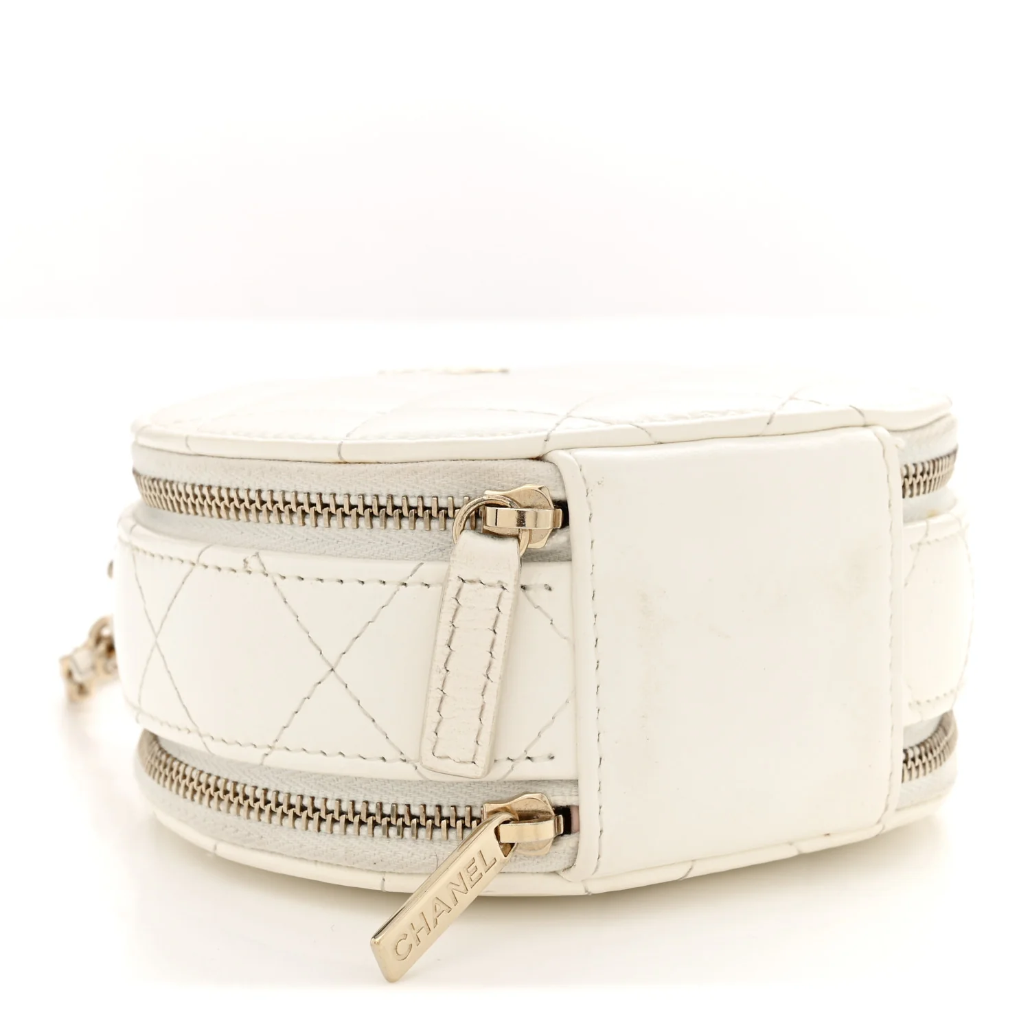 Lambskin Quilted Round Handle With Care Vanity With Chain White