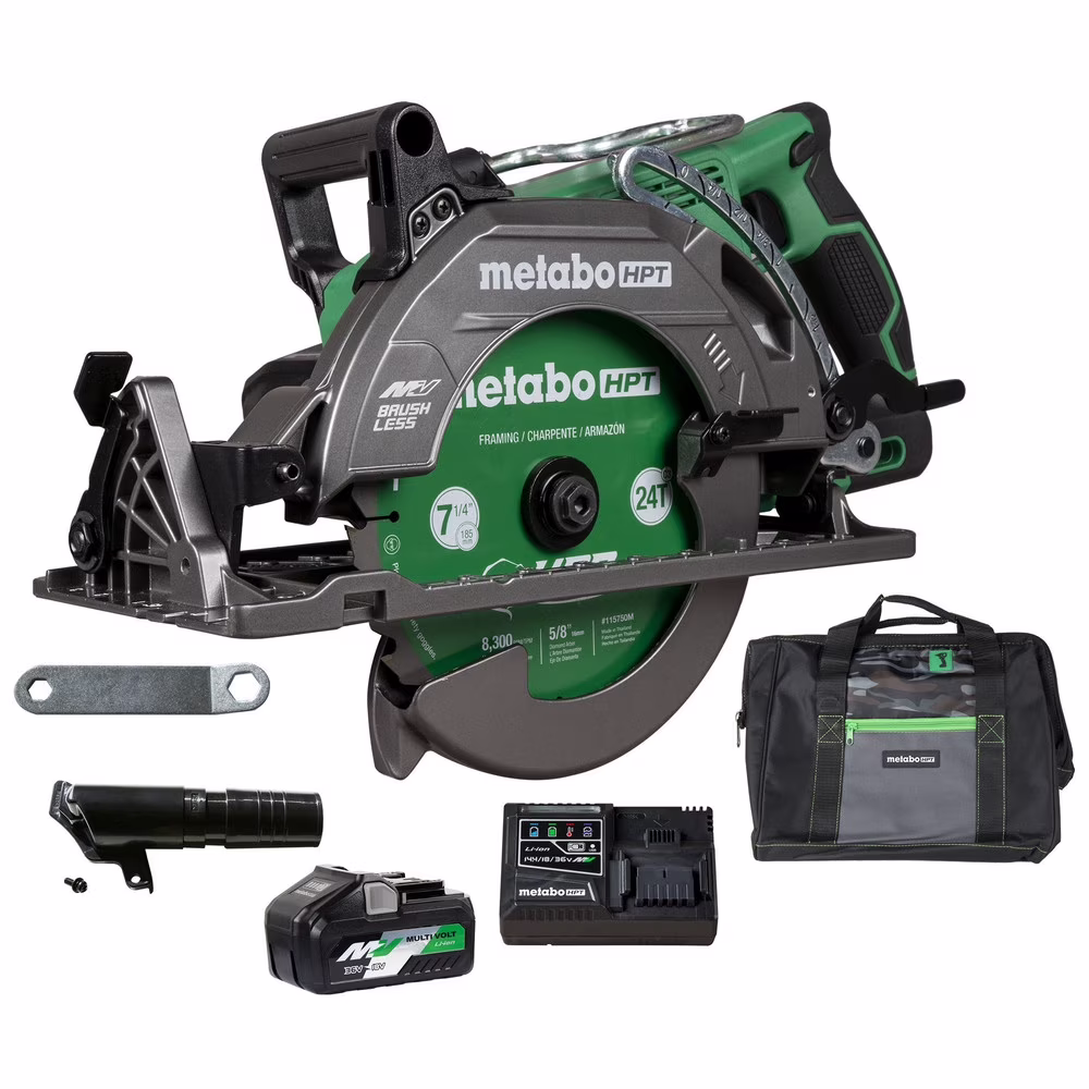 Metabo HPT 36V Multivolt 7 - 1/4 in Rear Handle Circular Saw, Lightweight Design, up to 500 2x4 Cuts per Charge, 53 Adjustable Bevel Capacity, Lifetime Tool Body Warranty, C3607DWA