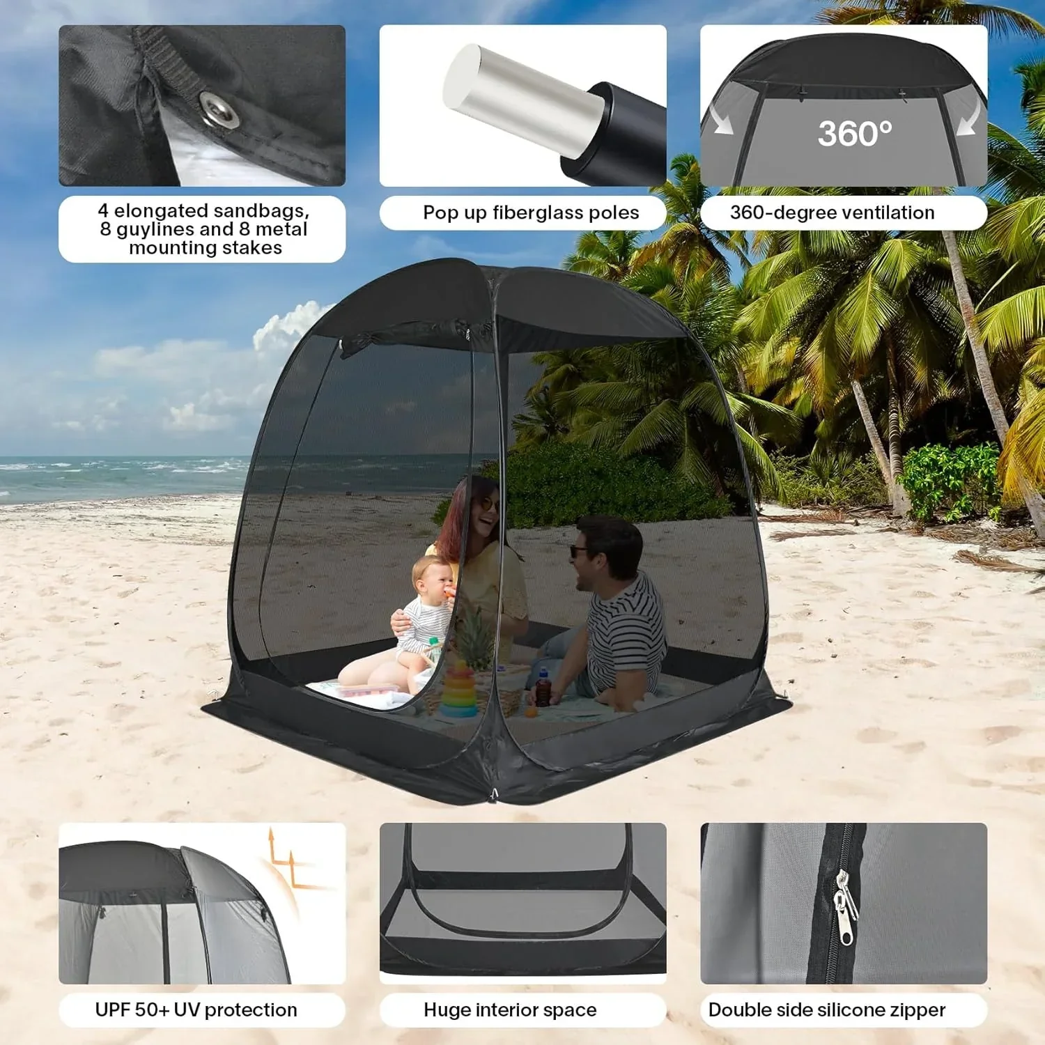 Gazebo moustiquaire pouvant accueillir 6, 10 ou 15 personnes. Tente de style igloo avec moustiquaire latérale. Idéal