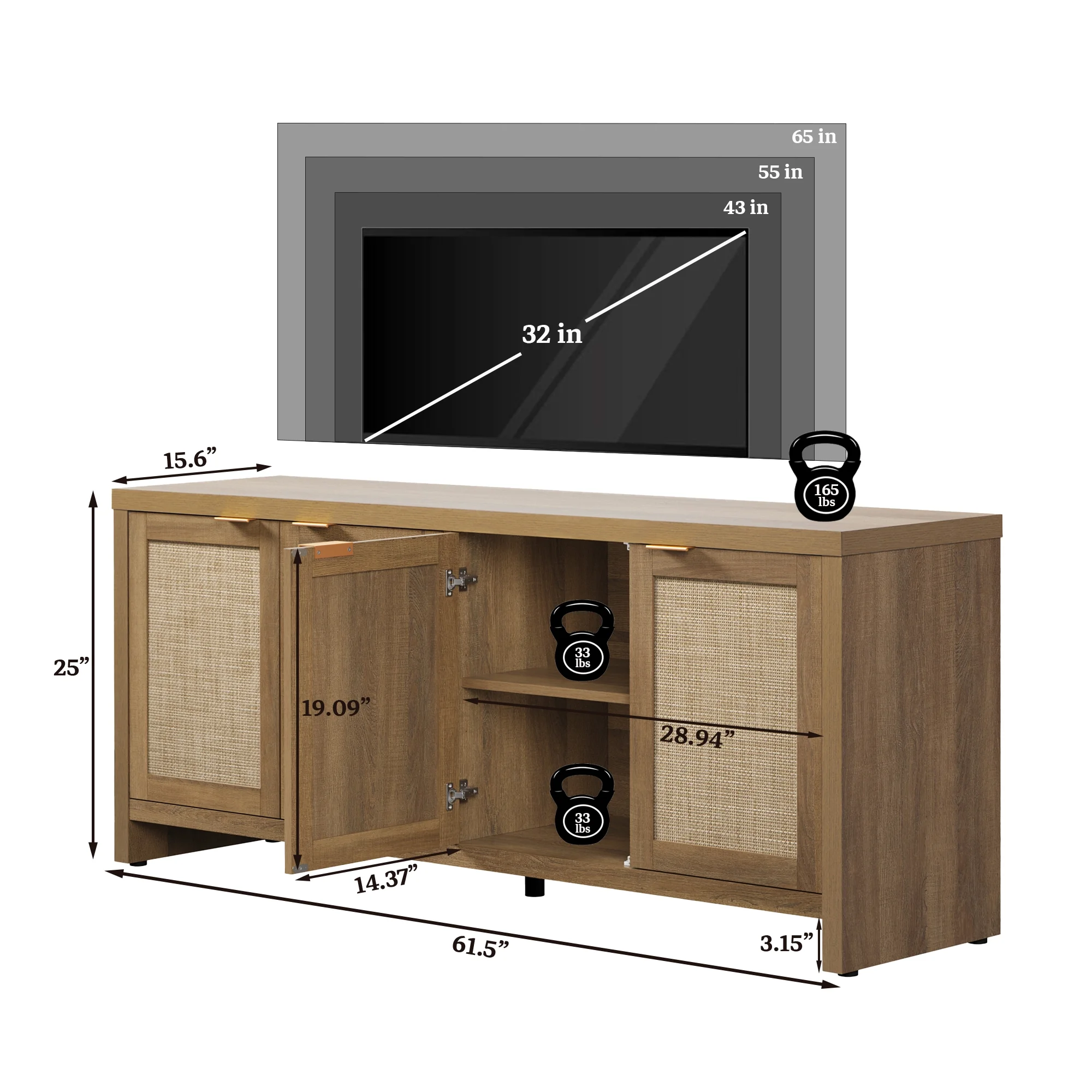 61 5"W Rattan TV Stand with 4 Doors, Boho Entertainment Center with Adjustable Shelves Spacious Countertop �C Large Boho Farmhouse Media Console for Living Room, Reclaimed Caramel Oak(Natural Oak/Single) Image 8