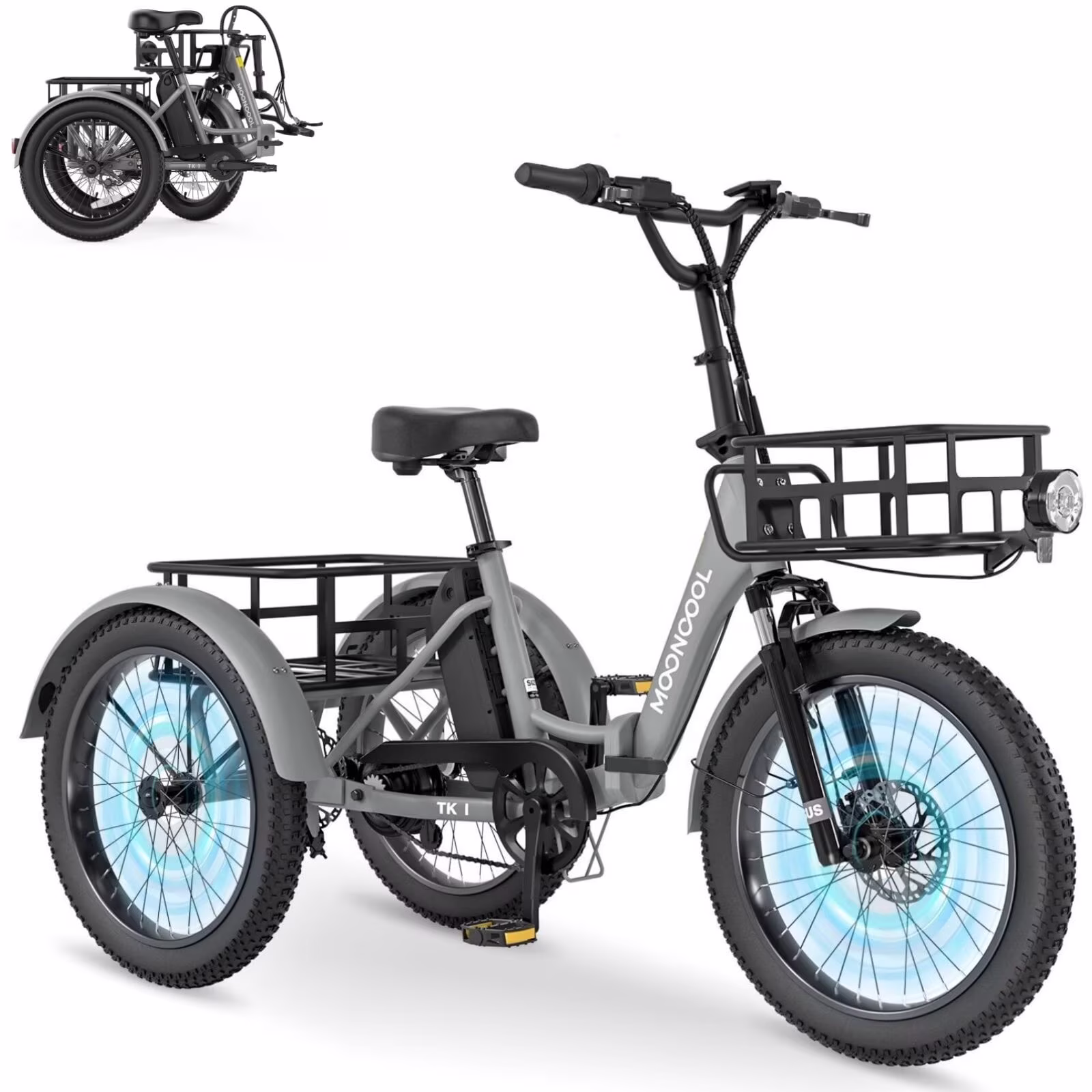 TK1 Folding Electric Tricycle for Adults,48V 14.5Ah Removable battery, 500W��Peak 1000w��Motor, 20" Fat Tire Step-Thru 3Wheel Electric Bicycle w/FrontRear Baskets, Certified to UL 2849 by SGS(Orange) - Image 9