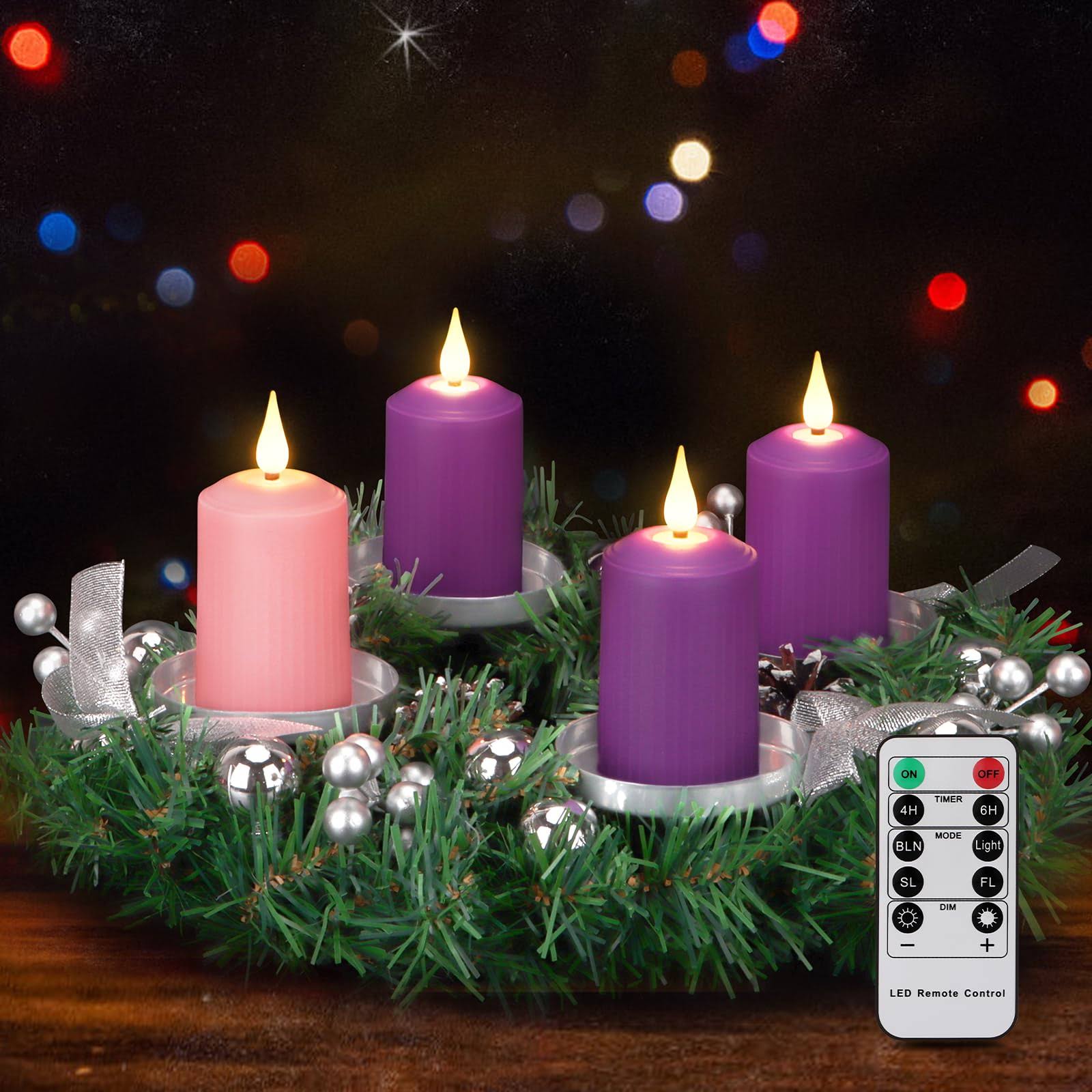 Daord D2 x H4 Advent LED Candles Set of 4 Christmas LED Flameless Pillar Candle 3 Purple and 1 Pink for Advent Rituals Festival and Special