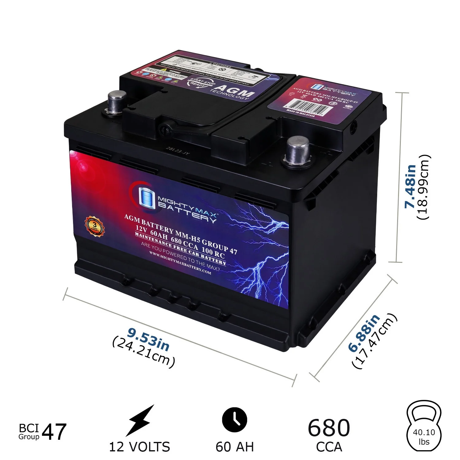 MM-H5 Start and Stop Car BCI Group Size 47 12V 60 AH, 100RC, 680 CCA Rechargeable AGM Car Battery(47) - Image 2