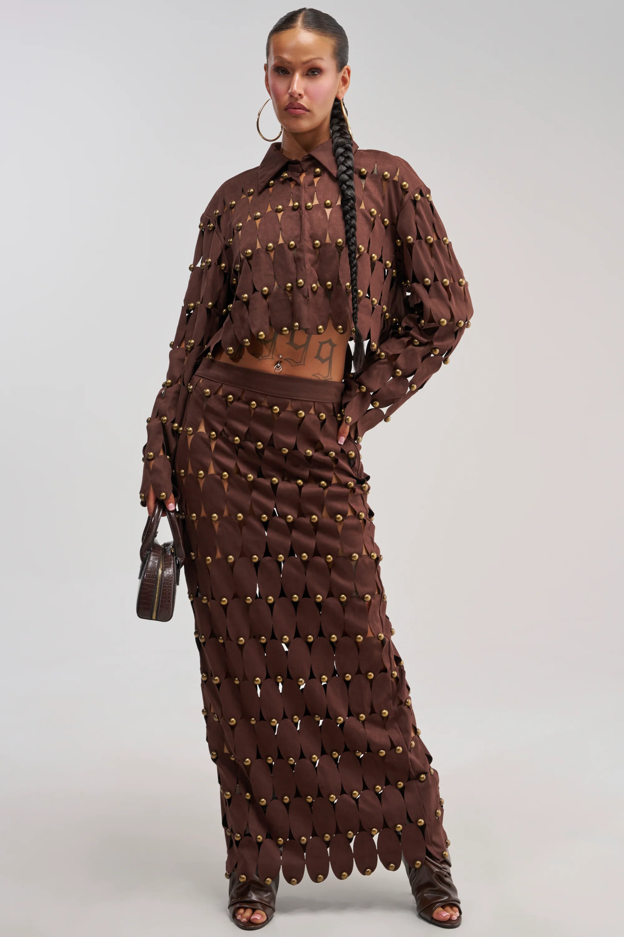 THE SNEAK PEEK STUDDED SUEDE MIDI SKIRT - Akira Store