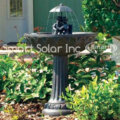 Smart Solar Umbrella Solar Garden Water Fountain, Boy & Girl Reading on Bench
