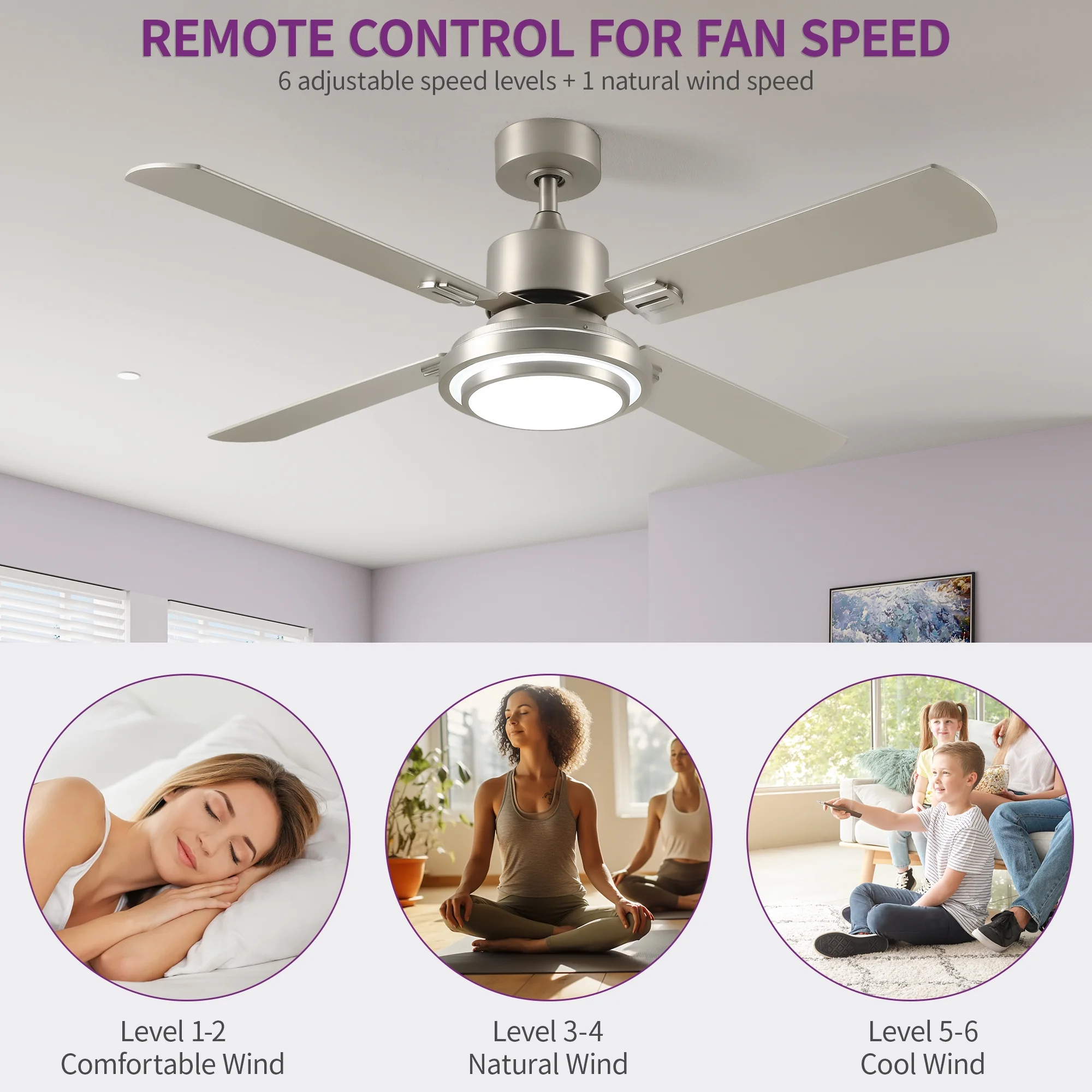 52'' Ceiling Fan with Light and Remote Control, 6 Speeds, 5 Timer Settings, and Dual-Finish Blades (Nickel) - Image 6